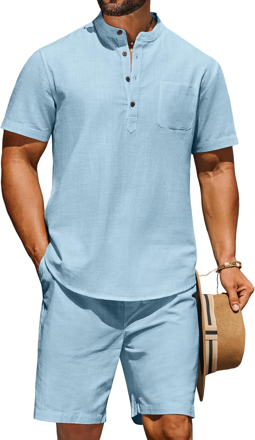 COOFANDY Men's 2 Piece Cotton Linen Sets Summer Beach Outfits Casual Short Sleeve Henley Shirts and Vacation Shorts