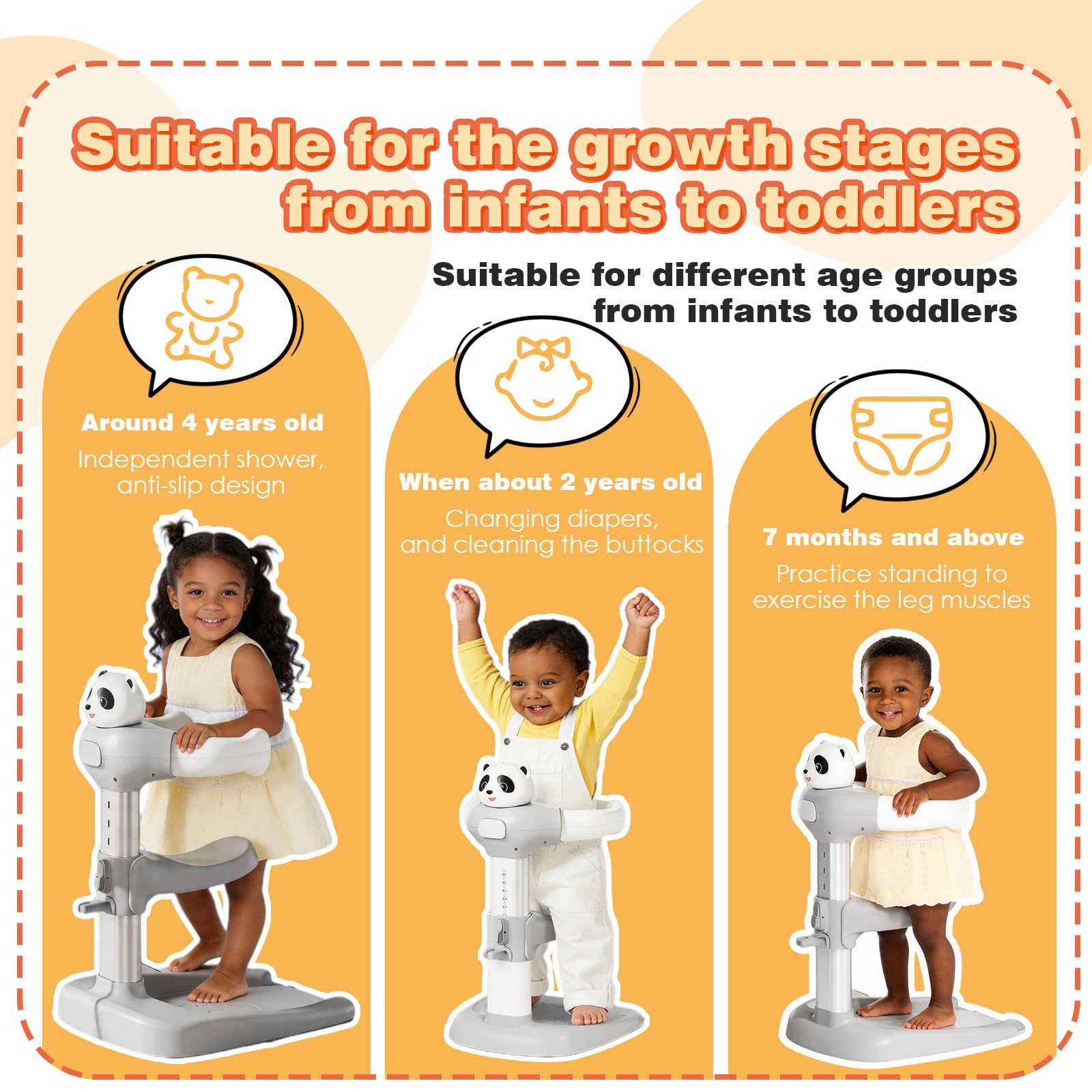 Soporte de baño para bebé con base antideslizante, soporte de ducha ajustable en altura para niños de 12 a 36 meses, soporte de pie estable para correr y bañarse de forma segura