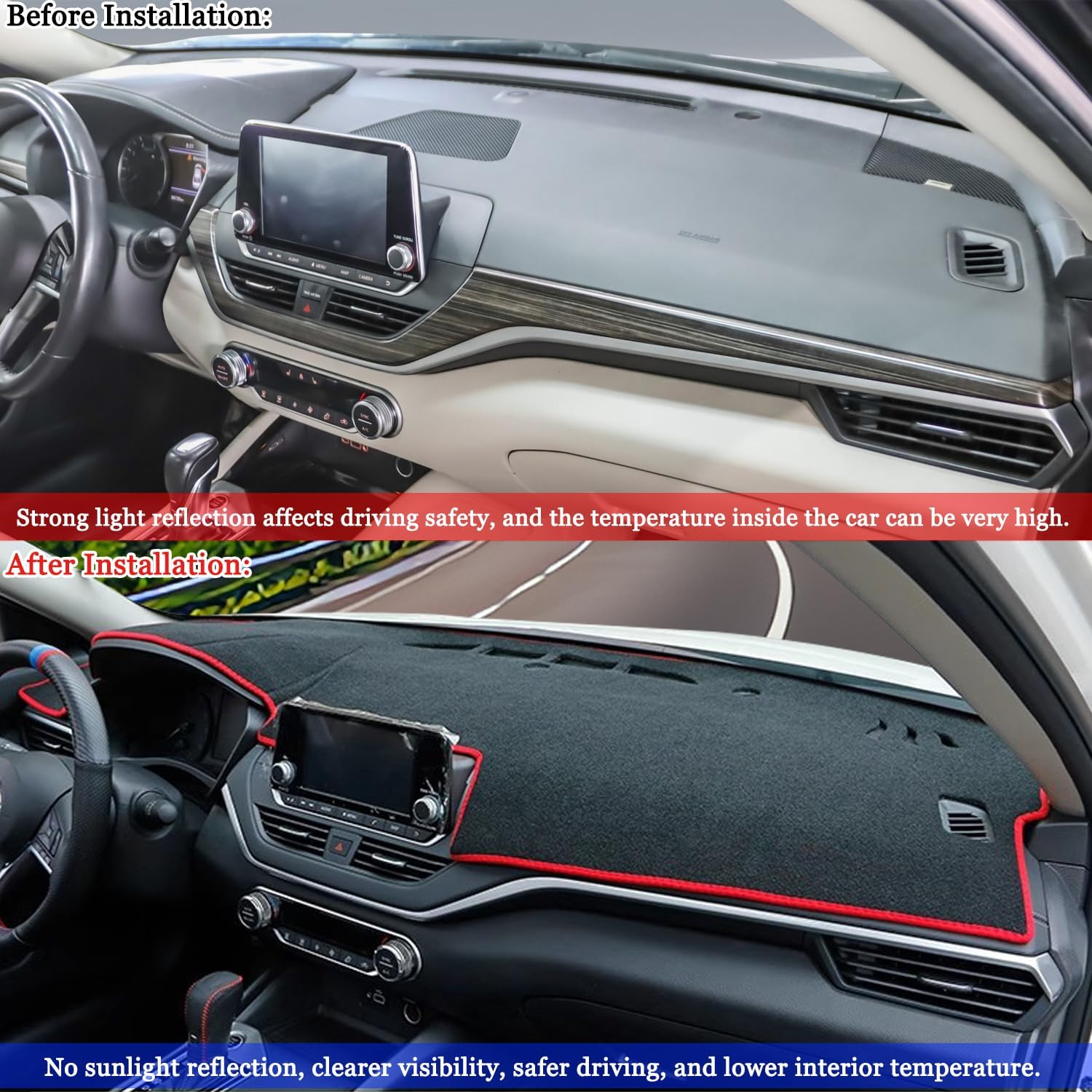 Blazeray Car Dashboard Cover Mat for Nissan Altima 2026-2019(Without HUD) Left Hand Driving Non-Slip Dashboard Mat Pad Interior Accessories Custom Fit Dash Mat Sunshade Windshield Glare(Red Edge)