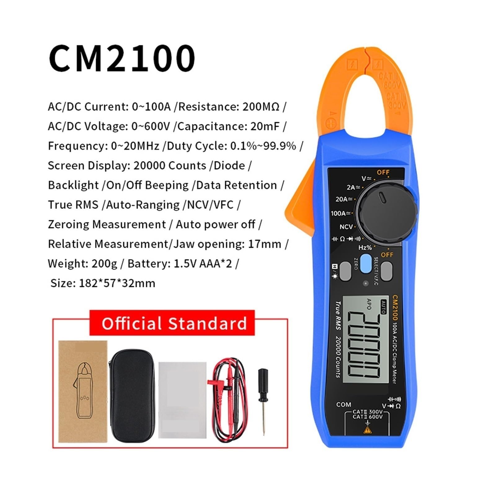 Pinza amperimétrica digital, Multímetro Digital CM2100 CM2100B Alta Precisión 20000 Recuentos AC/DC Probador De Pinza Corriente Valores Eficaces Verdaderos Diodo VFC Amperímetro Portátil(CM2100)