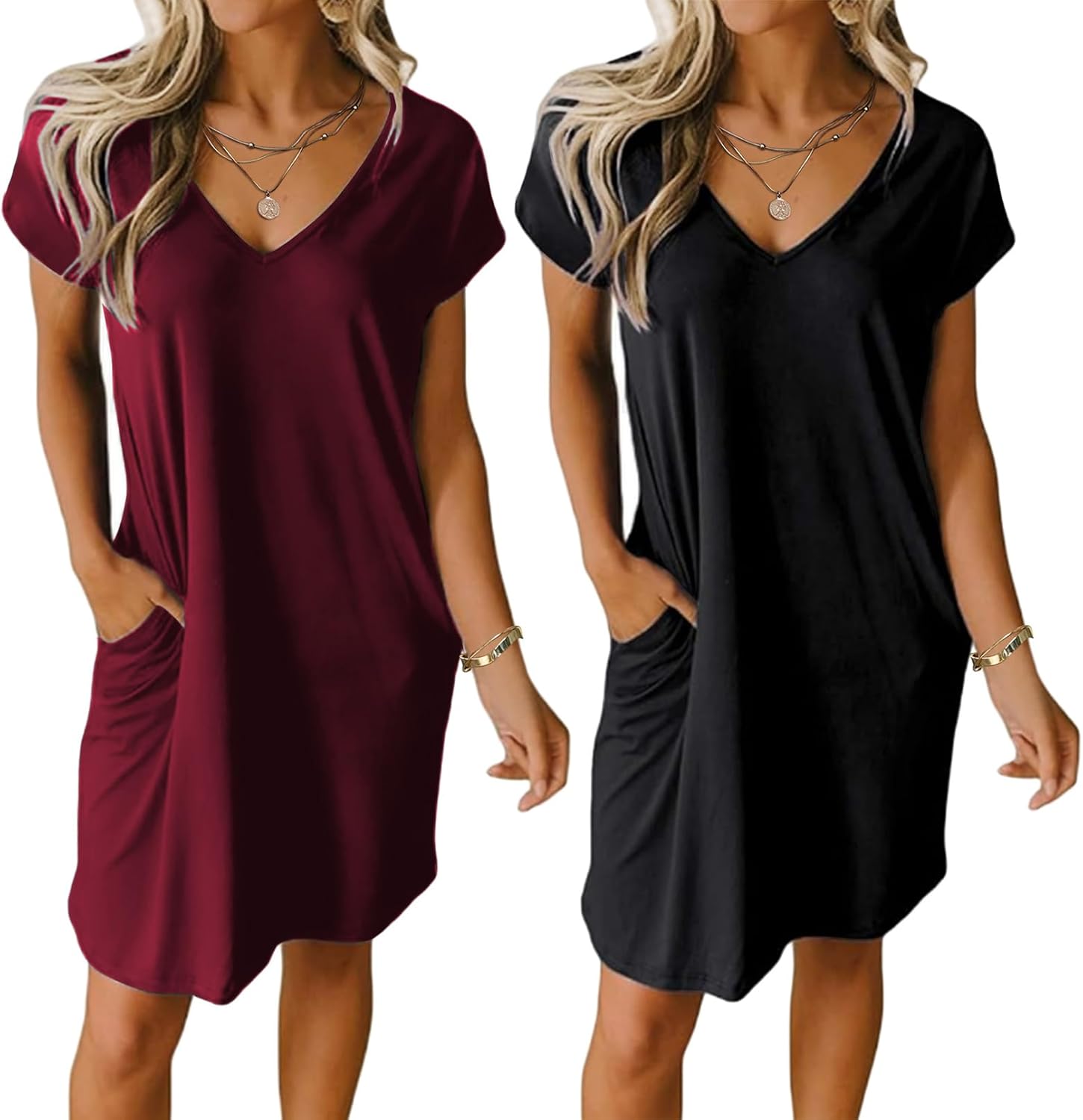 Ekouaer Womens 2 Pack Nightgown V Neck Sleepshirt Short Sleeve Nightshirt Plain/Floral Pajama Dress with Pockets