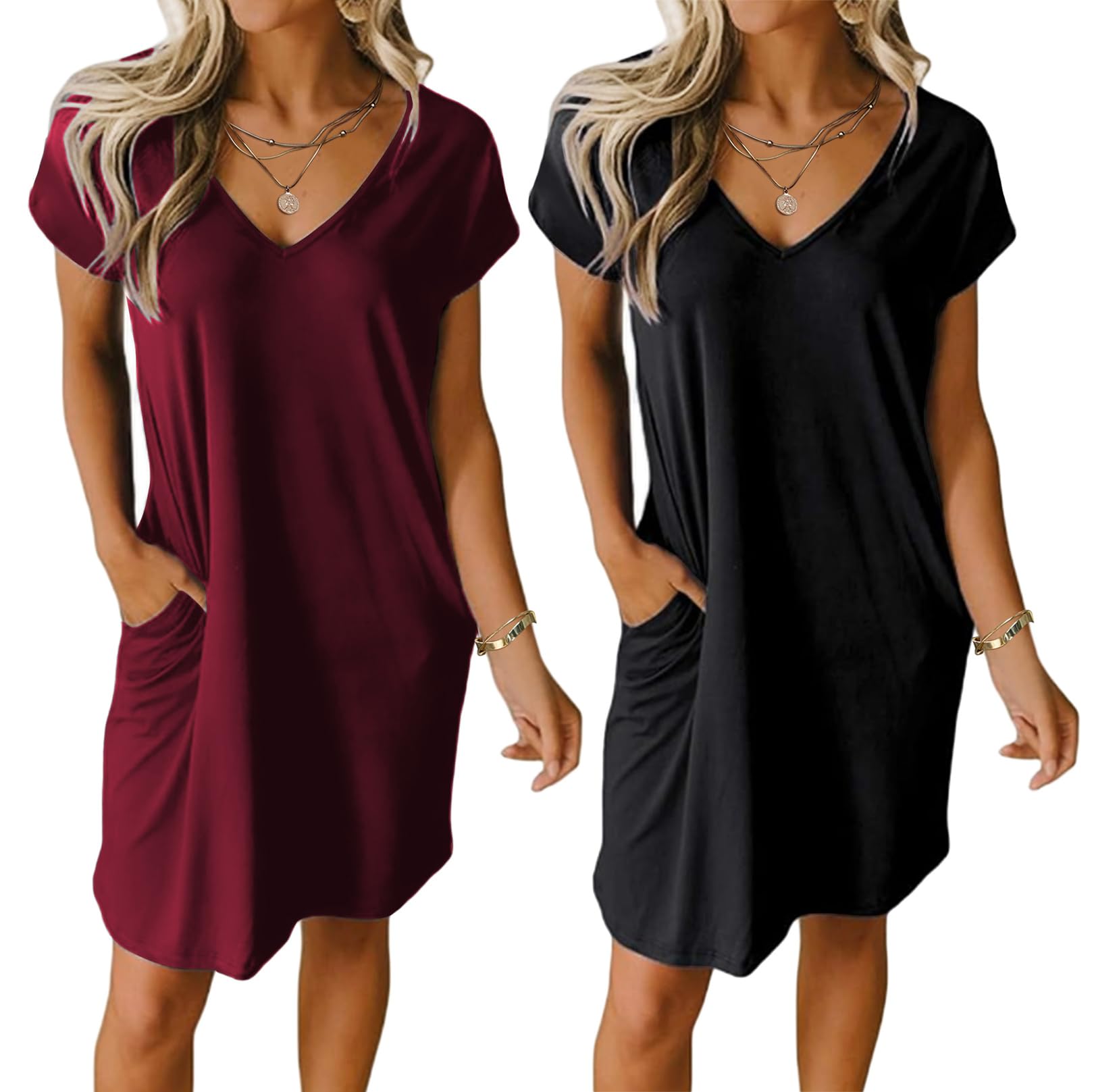 Ekouaer Womens 2 Pack Nightgown V Neck Sleepshirt Short Sleeve Nightshirt Plain/Floral Pajama Dress with Pockets