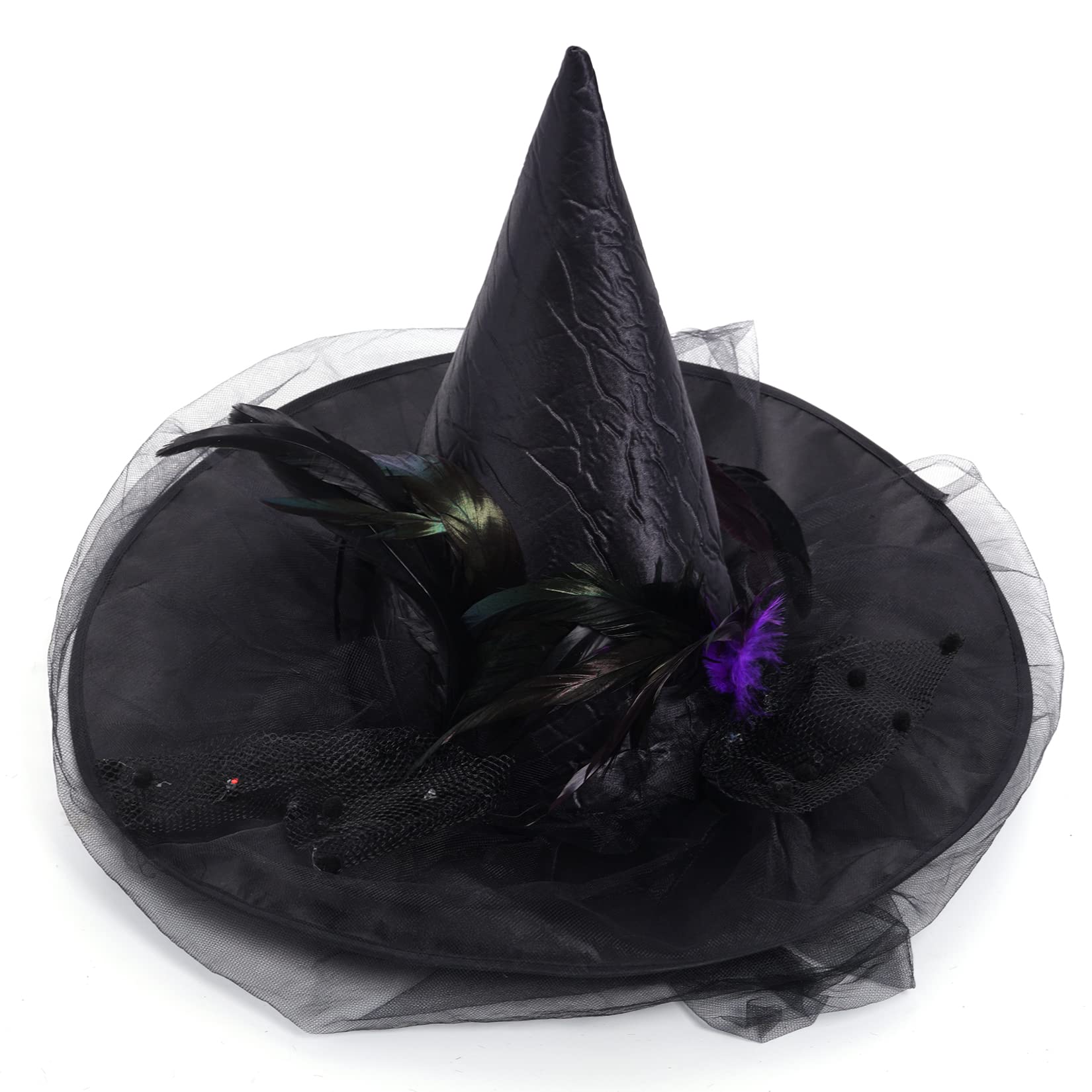 Condition photo showing New/Like New for witch hat for women halloween large ruched witch hat with veil feathers spiders cosplay costumes for halloween party