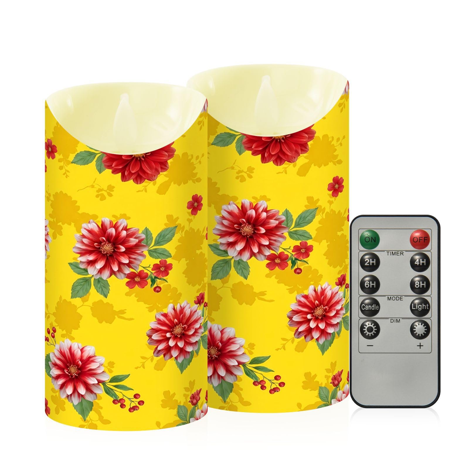 Ewusp Flowers Flameless Candles Battery Operated Flickering LED Pillar Candles Set of 2 with Remote Control & Timer, for Home Decor Wedding Holiday Party Centerpieces