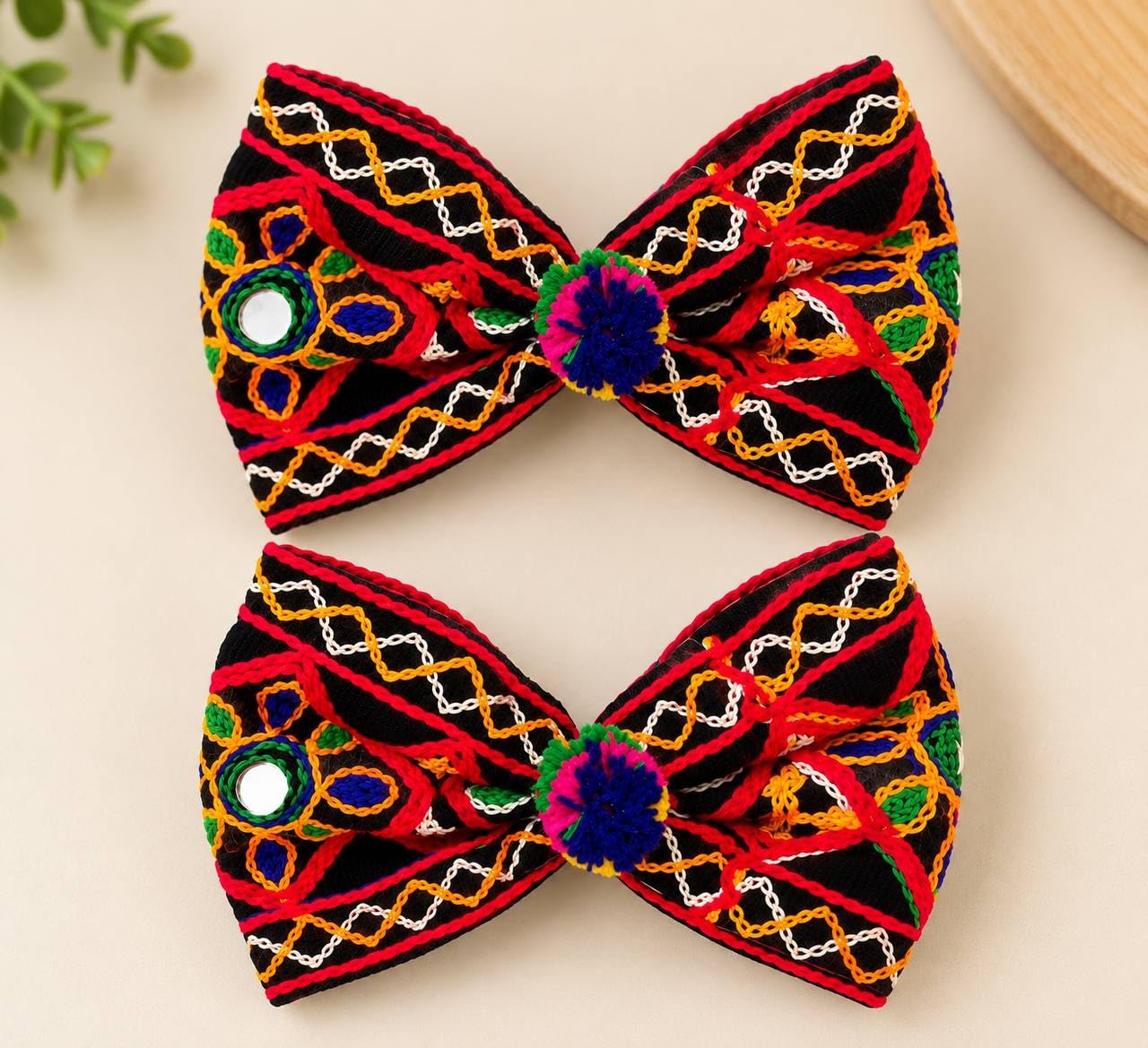 Yizika Navratri Special Traditional Embroidered Bow Hair Clips for Girls & Women, Colorful Ethnic Hair Bows with Pom Pom & Mirror Work, Festive Hair Accessories for Garba Dandiya, Big size - 2 pcs