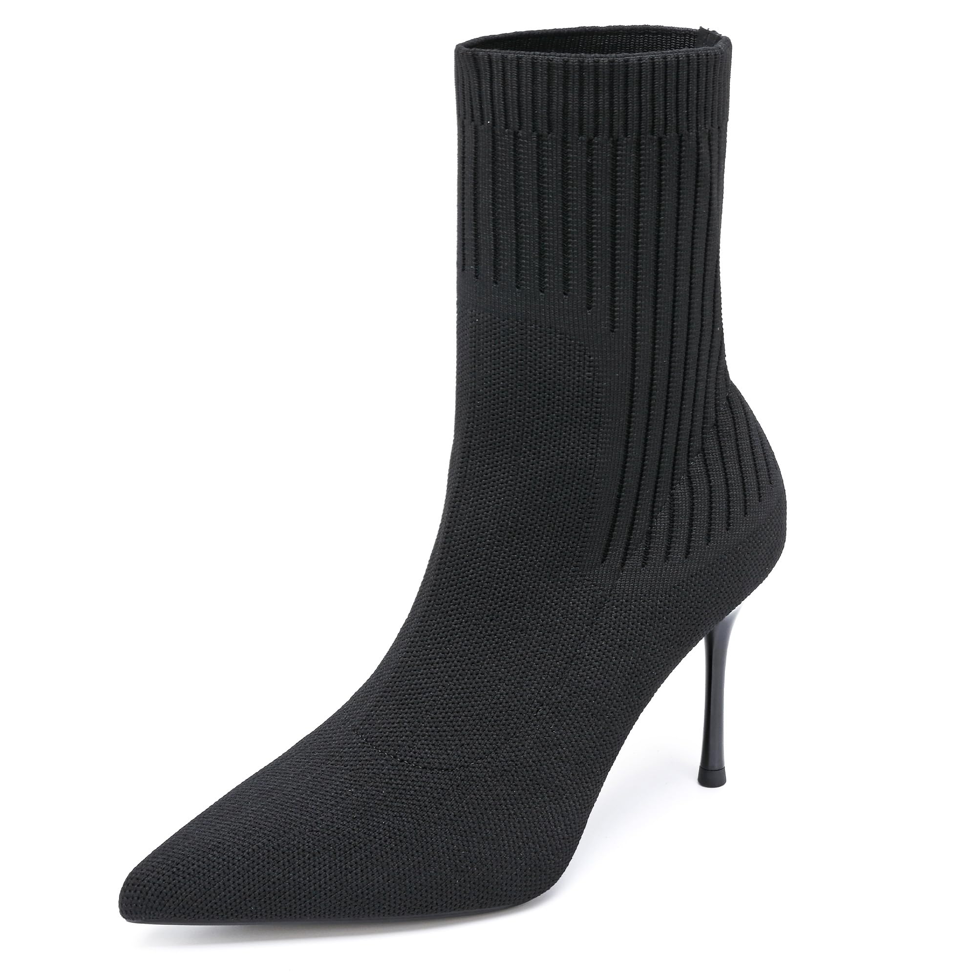 NEWBELLA Womens Stretch Knit Ankle Boots - Pointed Toe Stiletto Heel Sock Booties Slip-On High Heel Boots for