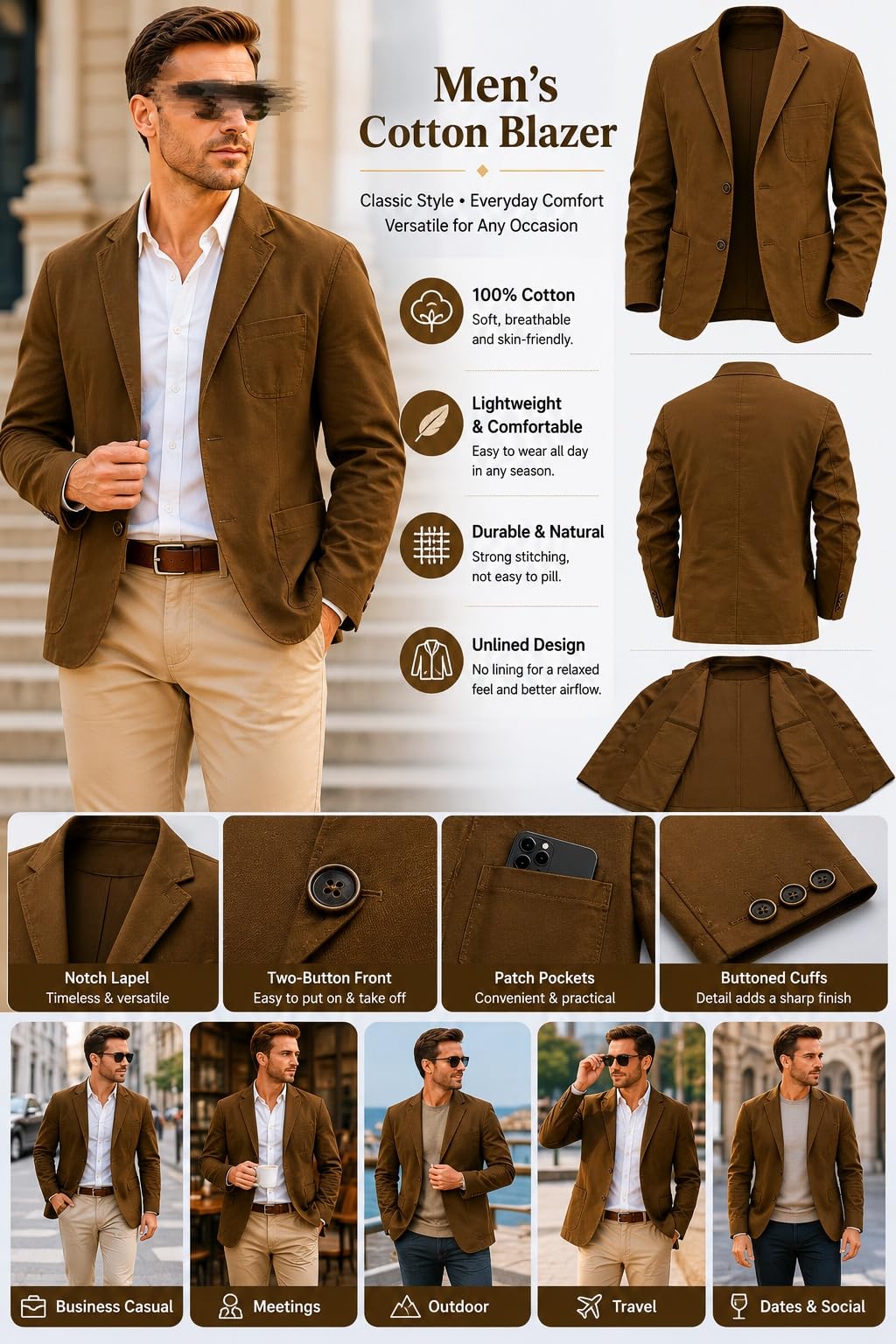Blazer in Cotone da Uomo Giacca Casual da Completo Due Bottoni Giacca Sportiva Leggera vestibilità Regolare Blazer da Ufficio Giacca Sfoderata con Tasca per Il Lavoro Quotidiano