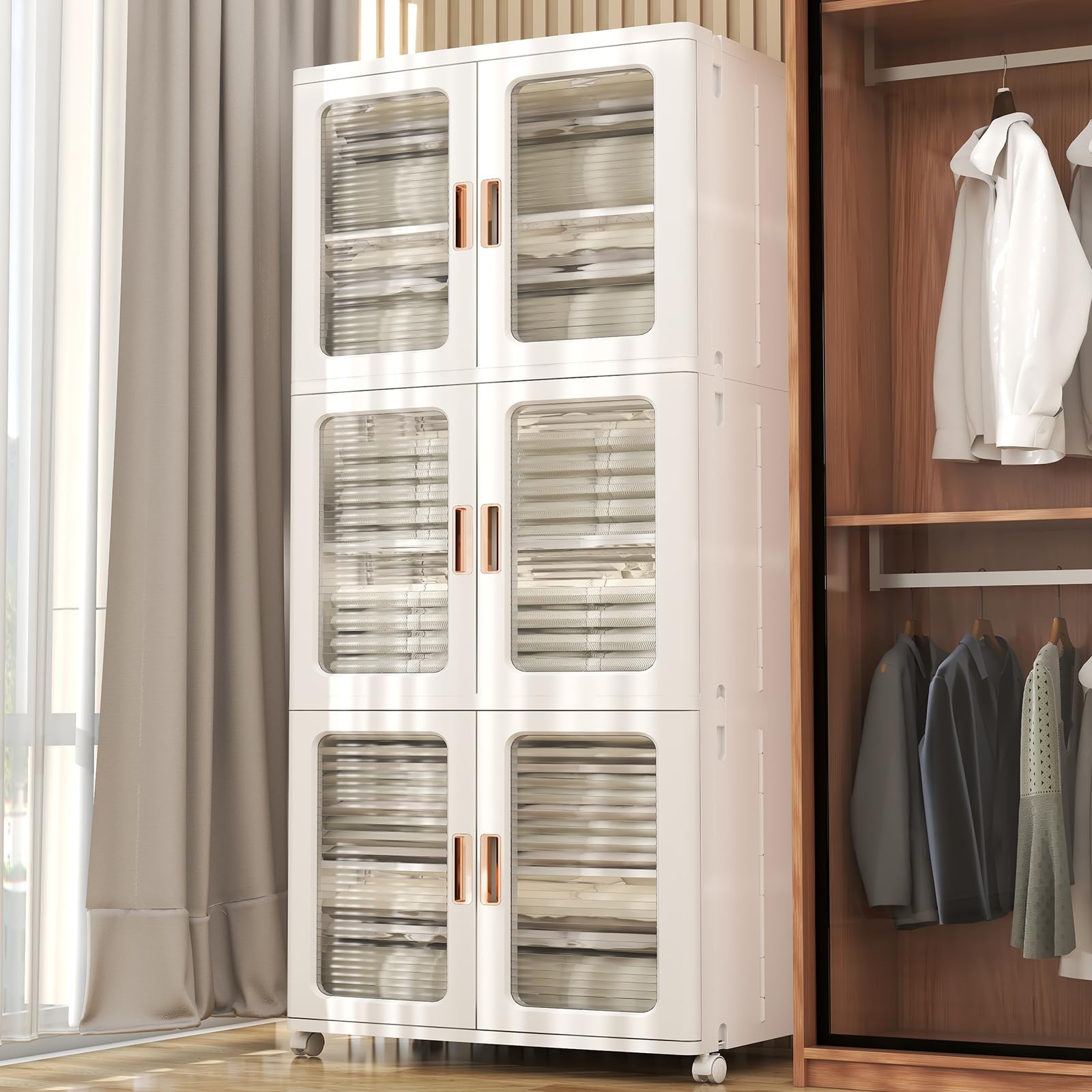 Closet Organizers and Storage,41.5 Gal Storage Bins with Lids and Wheel,Stackable Storage Bins,Collapsible Storage Bin with Double Doors,Collapsible Storage Bins for Home,Dorm Room,3 Packs-6 Layer