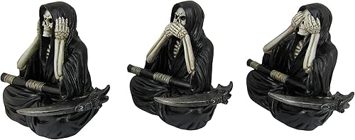 Miniatura 3 de DWK See No Evil Speak No Evil Hear No Evil Grim Reaper Figuras decorativas | Decoración de estante gótico de 3 piezas | Figura de la parca y