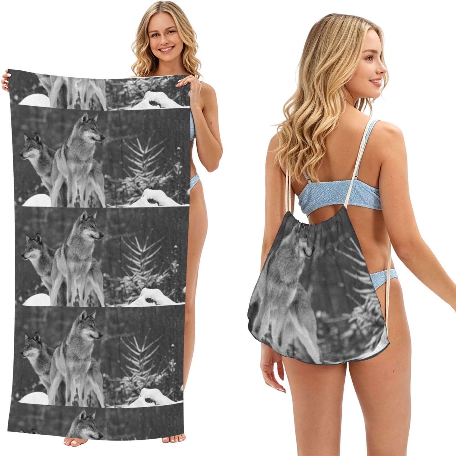 Poadnly As Picture Wild Wolf Printed, 2 In 1 Packable Towel Bag, Beach Towels With Drawstring Backpack For Travel Holiday Camping