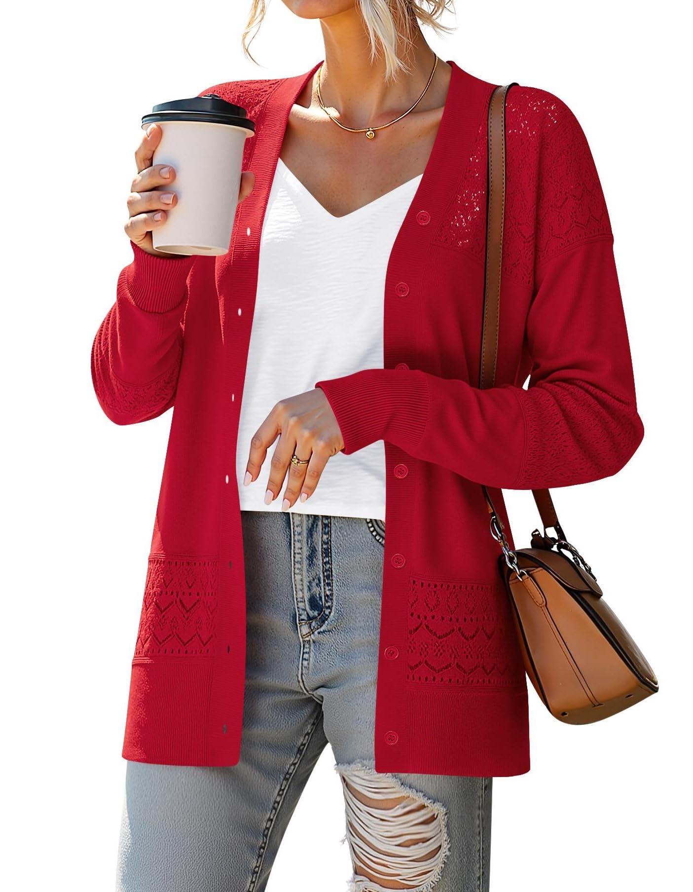 Jouica Womens Cardigan Sweaters 2025 Long Sleeve Cardigans for Women Lightweight Trendy Corchet Hollwed-Out V-Neck Sweater