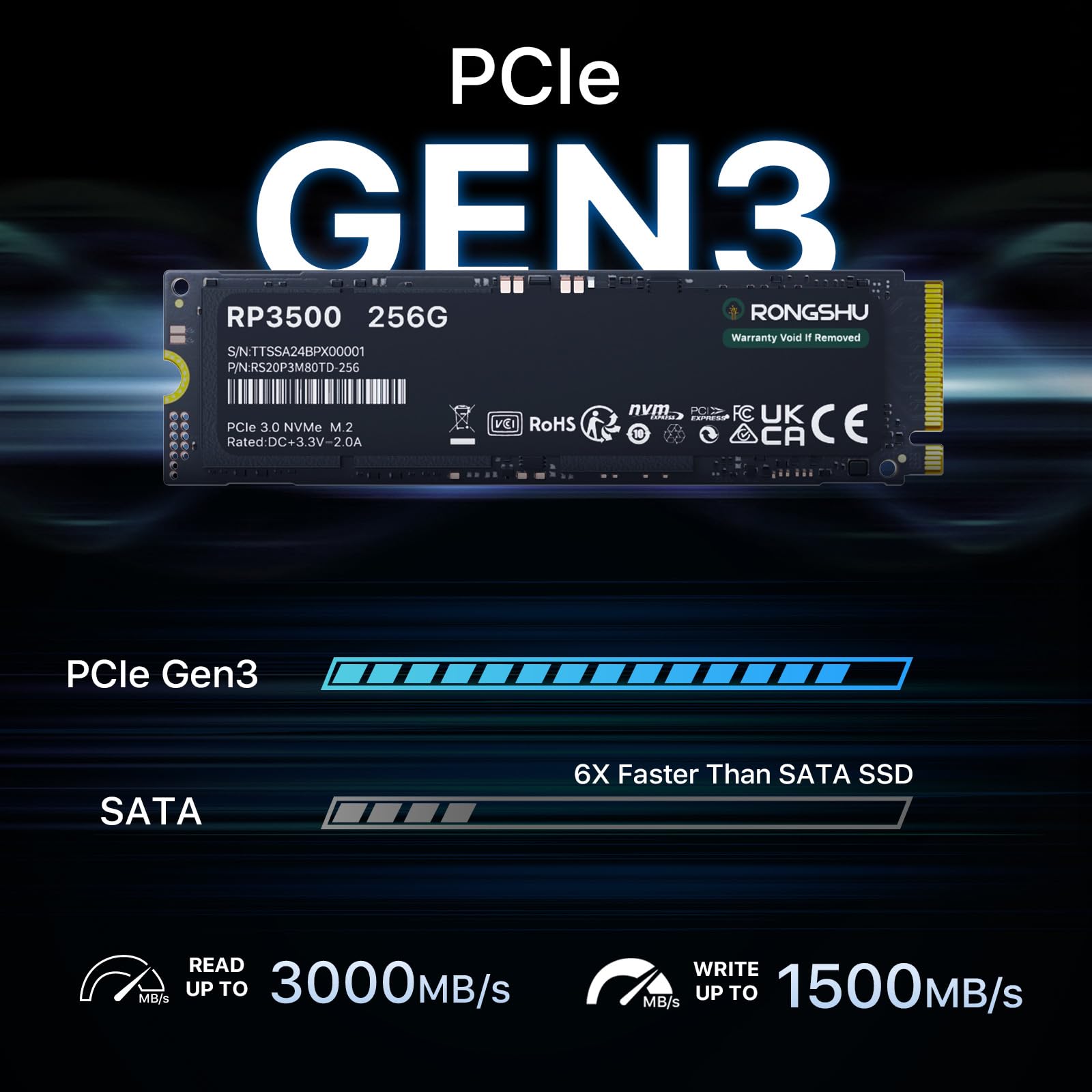 256GB NVMe SSD M.2 SSD PCIe 3.0×4, Read Up to 3,500 MB/s, M.2 2280