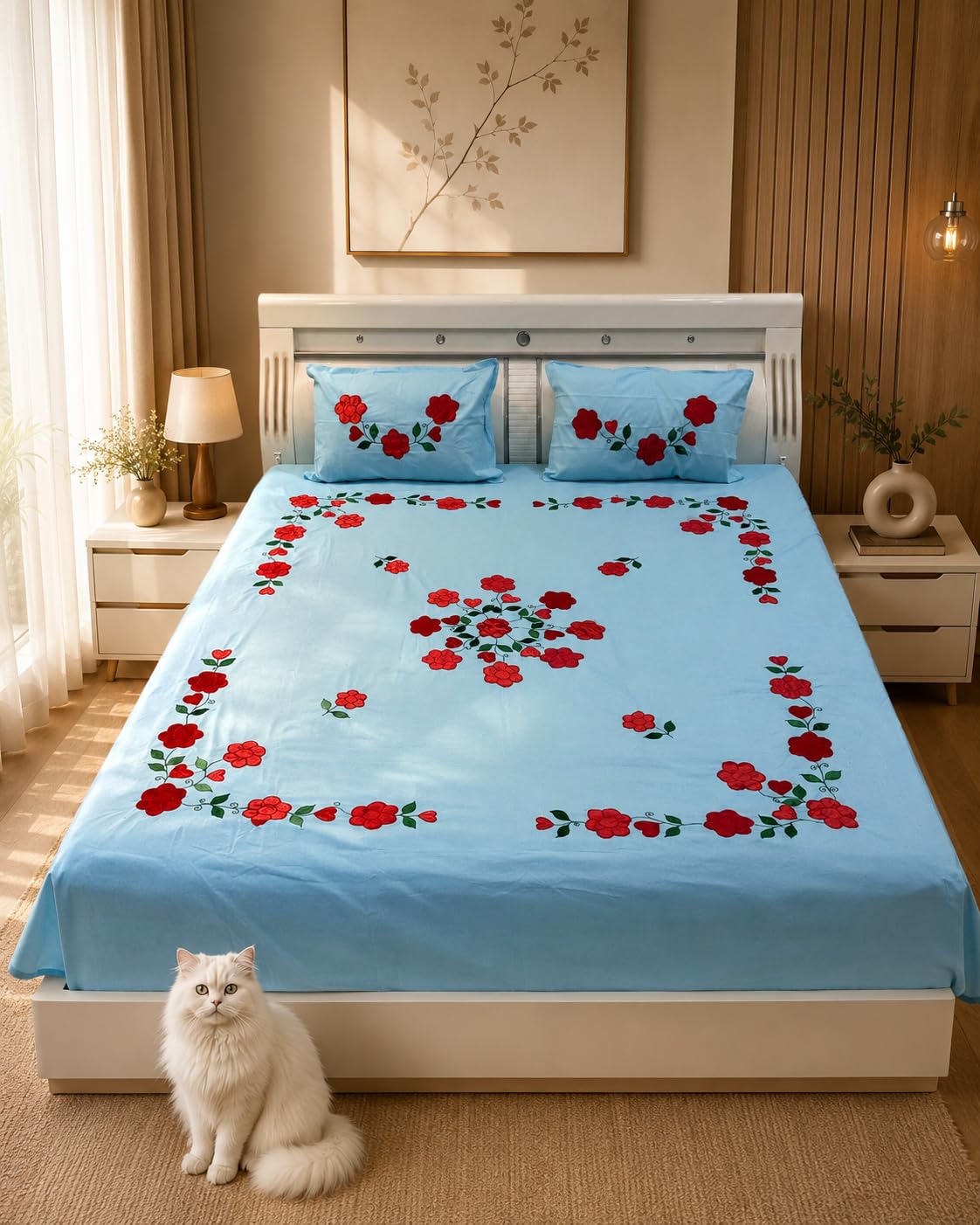 RIDA Creation Sky Blue Applique Patch Work Double Bedsheet with 2 Pillow Covers | Floral Handmade Applique Design Bed Sheet Set | Soft Cotton Blend Bedding for Double Bed (240 x 220 cm)-image-16