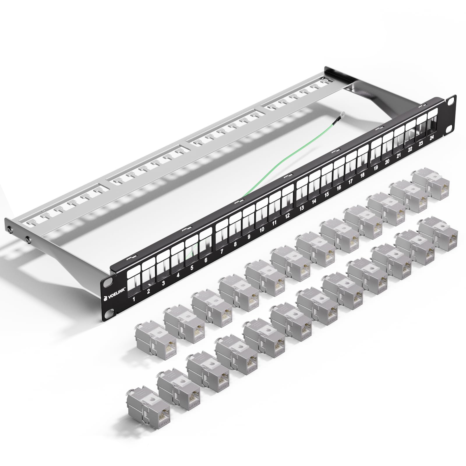 VCELINK Juego de paneles de conexión de 24 puertos modular en pulgadas + 24 módulos Keystone RJ45 compatibles con CAT6a