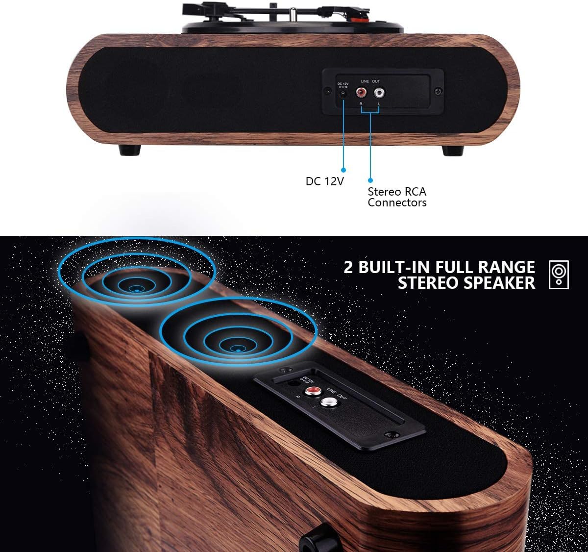 Platine Vinyle, Lecteur de Disques avec Haut-parleurs Intégrés et Bluetooth, Style Vintage, Lecteur de Vinyle a 3 Vitesses, Lecteur de Disques Rétro Portable, Prise Casque Aux RCA AM FM, Bois Noyer
