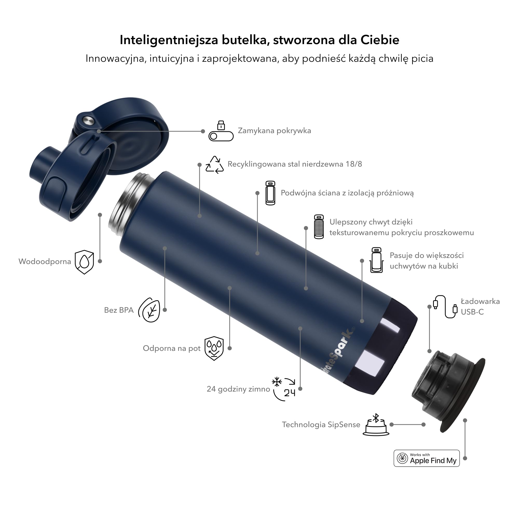 HidrateSpark PRO 2 Butelka Inteligentna – 621 ml Stal Nierdzewna Izolowana, Monitoruje Nawodnienie, LED & Dźwięk Przypomnienia, Bluetooth App, Korek Chug, BPA-Free, Granatowa (z Apple Find My)