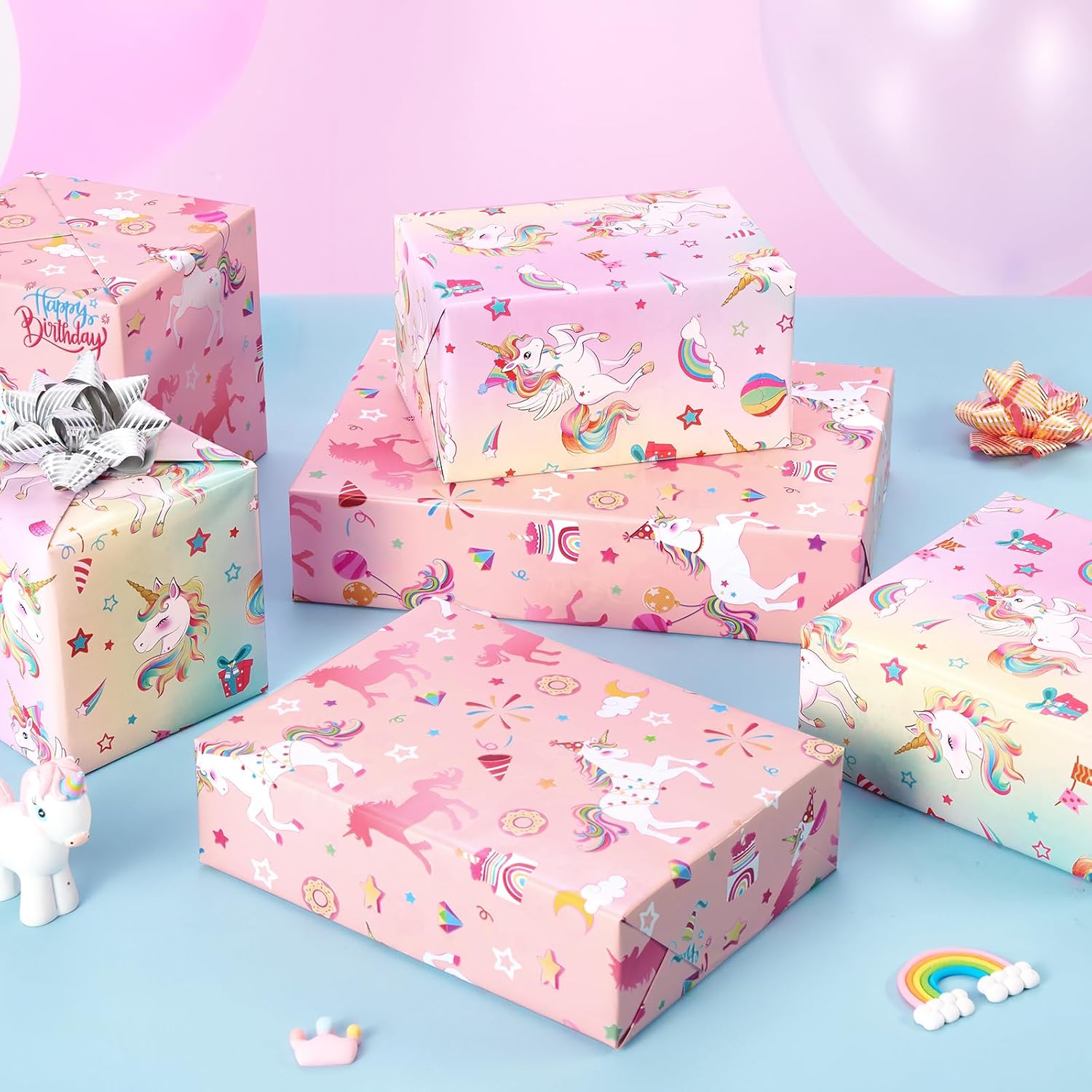 WERNNSAI Unicorn Reversible Wrapping Paper Roll - 17' x 33 ft Unicorn Princess Gift Wrapping Paper - Pink & White - 48.5 sq ft - Baby Shower & Birthday Occasion