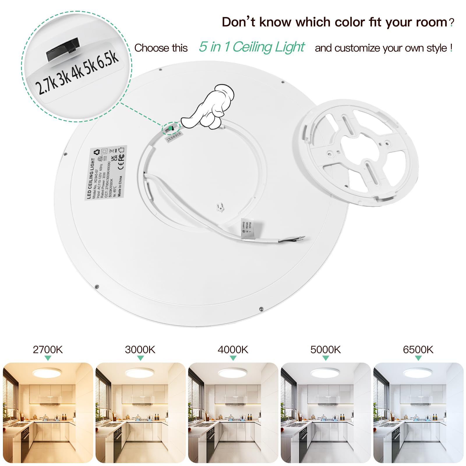15" Dimmable LED Flush Mount Ceiling Light With Night Light & Remote – 36W 3600LM, 3000K/4000K/6500K Selectable, Slim Black Round Fixture