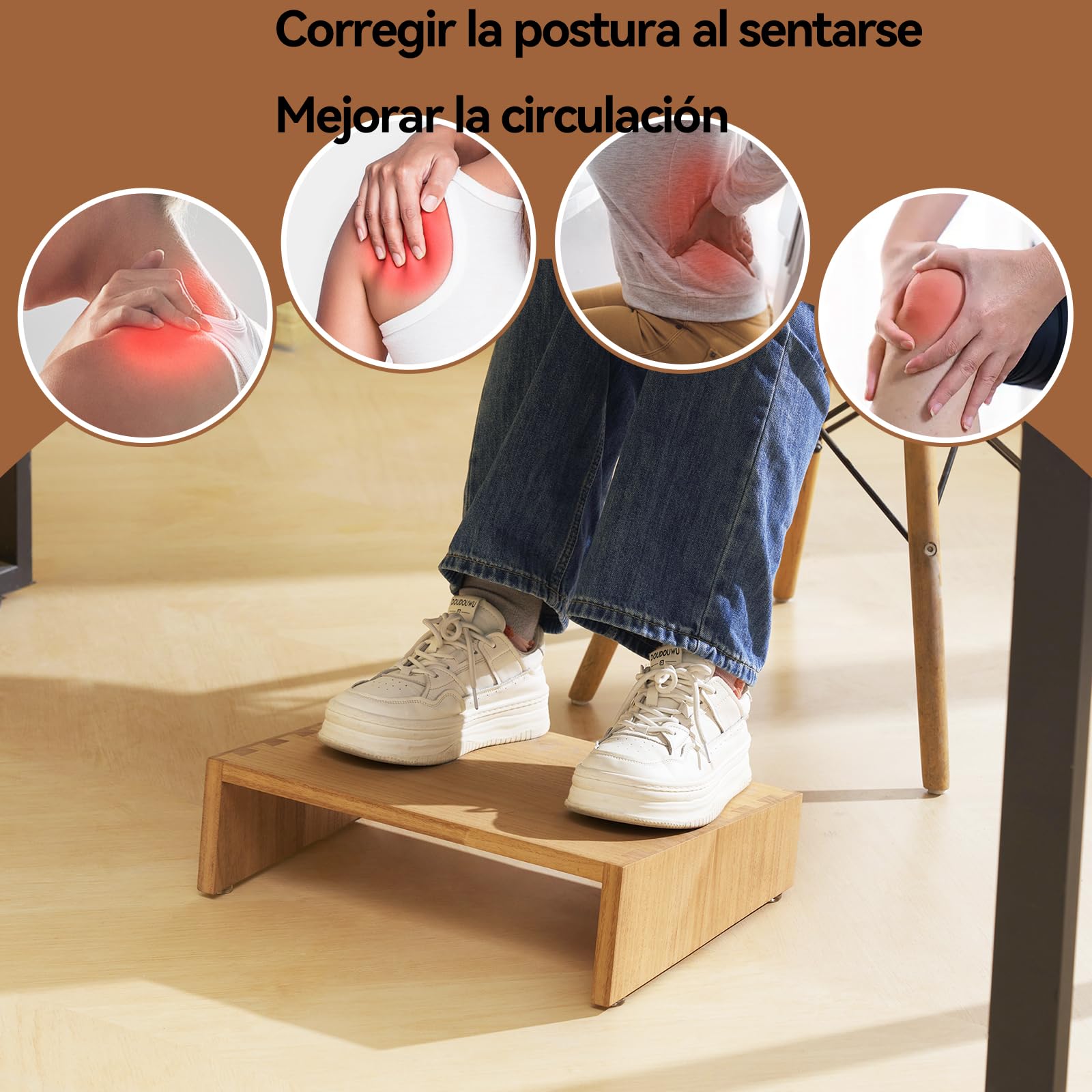 KIRIGEN Reposapiés de madera regulable en altura debajo de la mesa Reposapiés portátil Ayuda a mejorar la postura al sentarse color natural