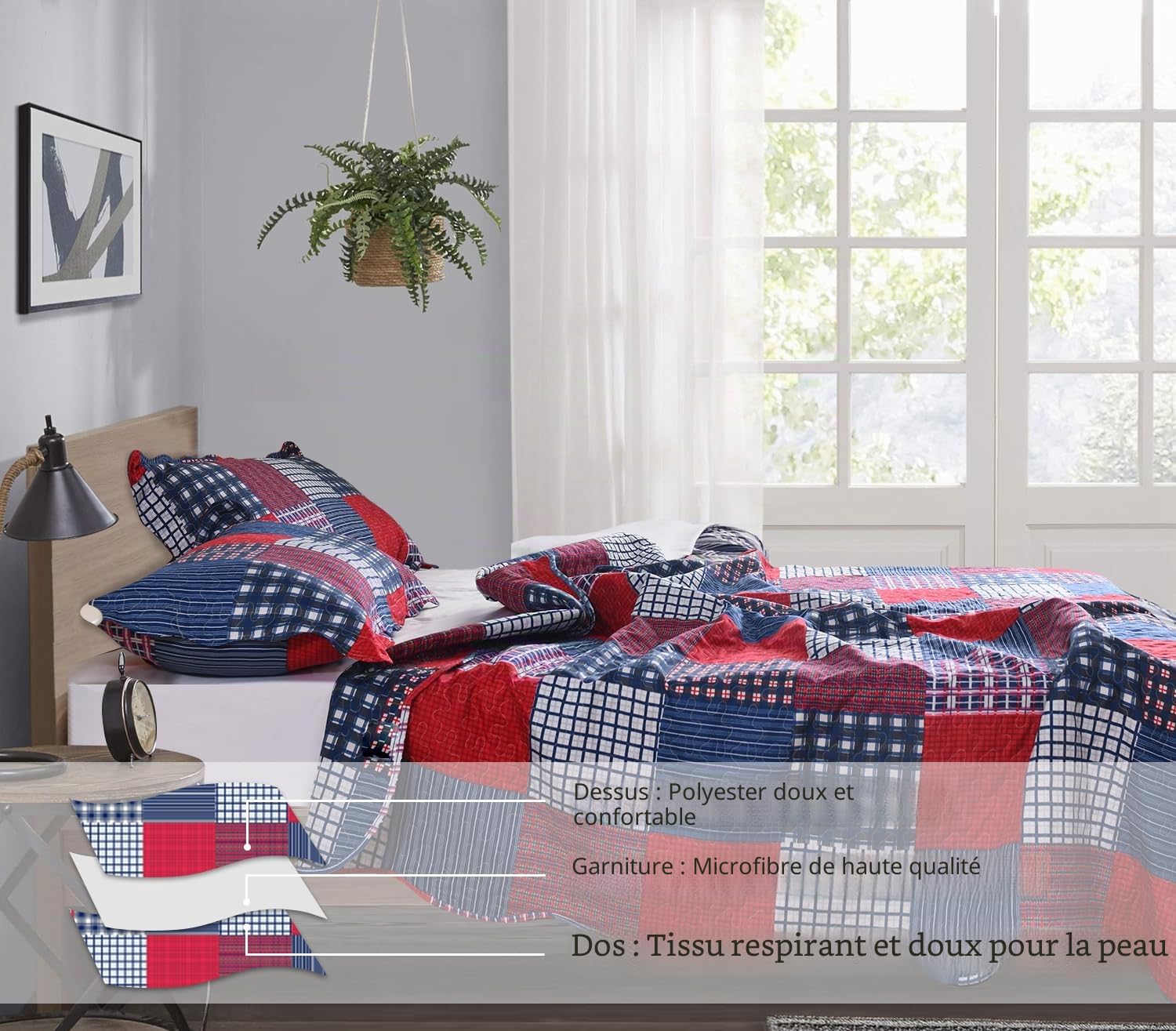 Jessy Home Couvre-lit réversible léger en Patchwork avec 2 taies d'oreiller pour Homme Rouge/Bleu