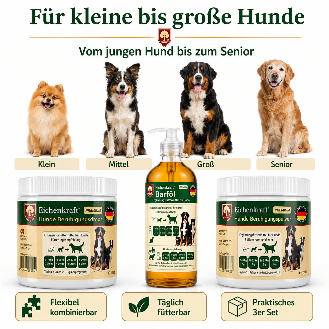 Beruhigungsmittel Hunde 3er Set Kausnacks Beruhigungspulver Lachsöl Barf Öl