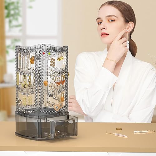 Miniatura 7 de Soporte giratorio de 360 aretes y organizador de joyas estante de joyería de 4 niveles soporte clásico 156 agujeros y 160 ranuras para mujeres y