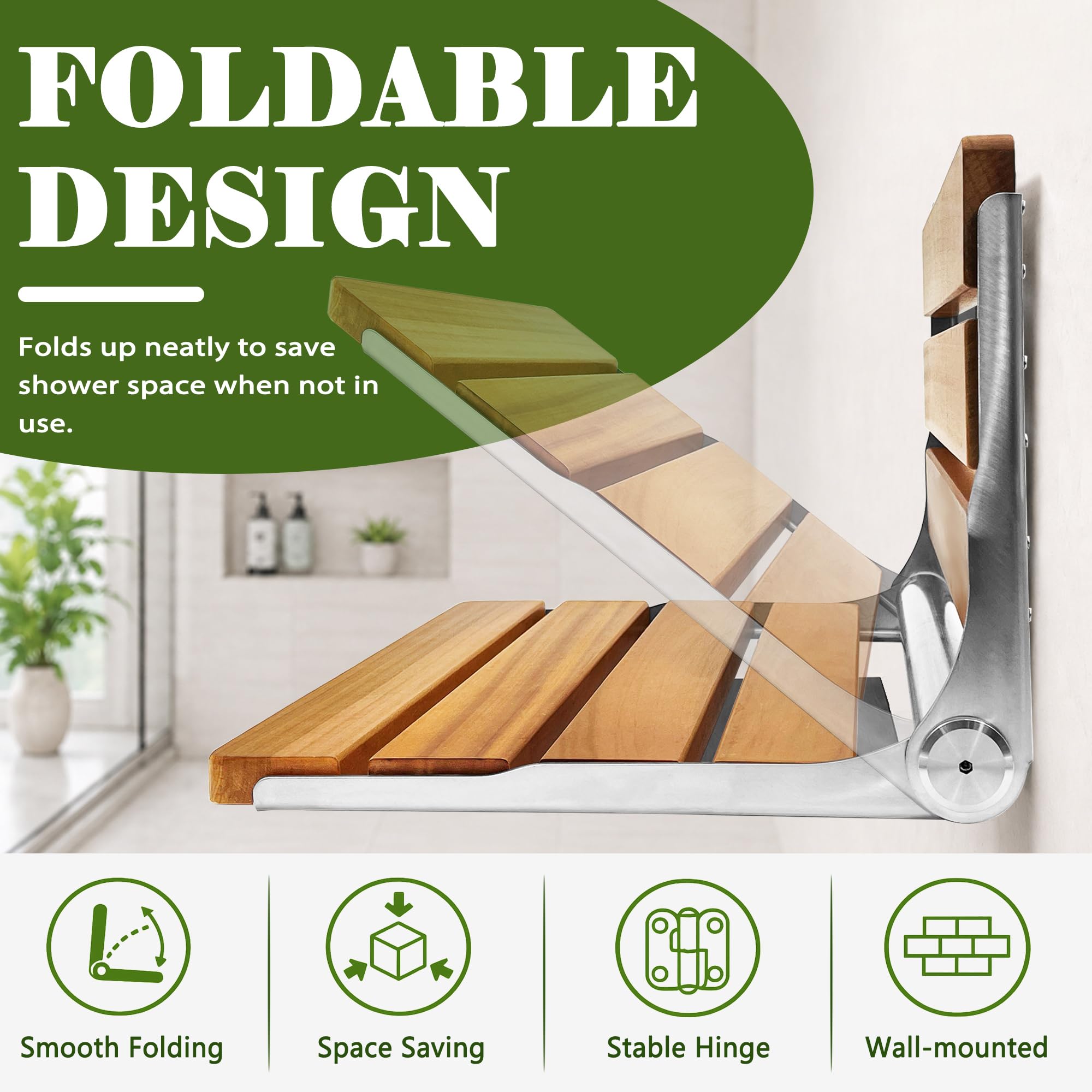 Asiento de ducha de teca plegable de acero inoxidable montado en la pared, banco de ducha plegable de madera de teca para el cuidado del hogar