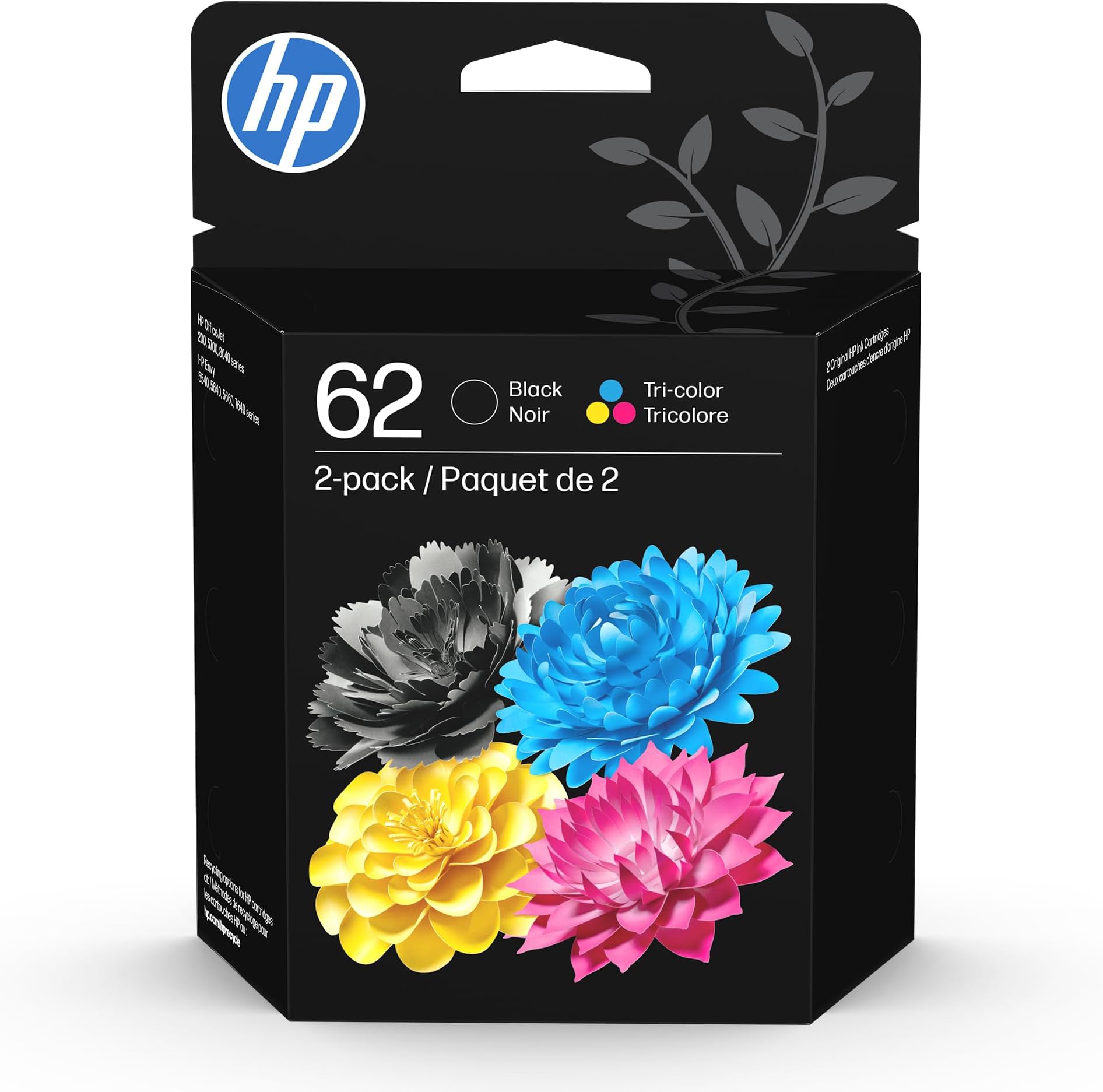 HP 62 Black/Tri-Color Ink (2-Pack) | Works with Envy 5540, 5640, 5660, 7640, OfficeJet 5740, 8040, OfficeJet Mobile 200, 250 | Instant Ink Eligible | N9H64FN | Packaging May Vary
