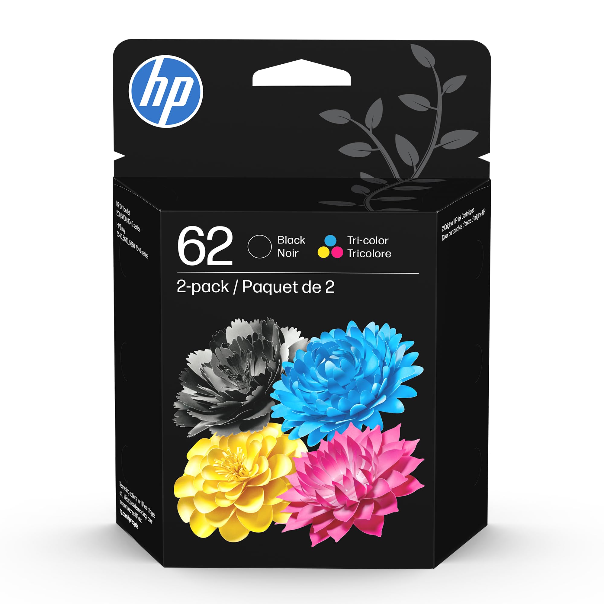 HP 62 Black/Tri-color Ink Cartridges for HP Printers (2-pack) | Works with Printer Series: ENVY 5540, 5640, 5660, 7640, OfficeJet 5740, 8040, OfficeJet Mobile 200, 250 | N9H64FN