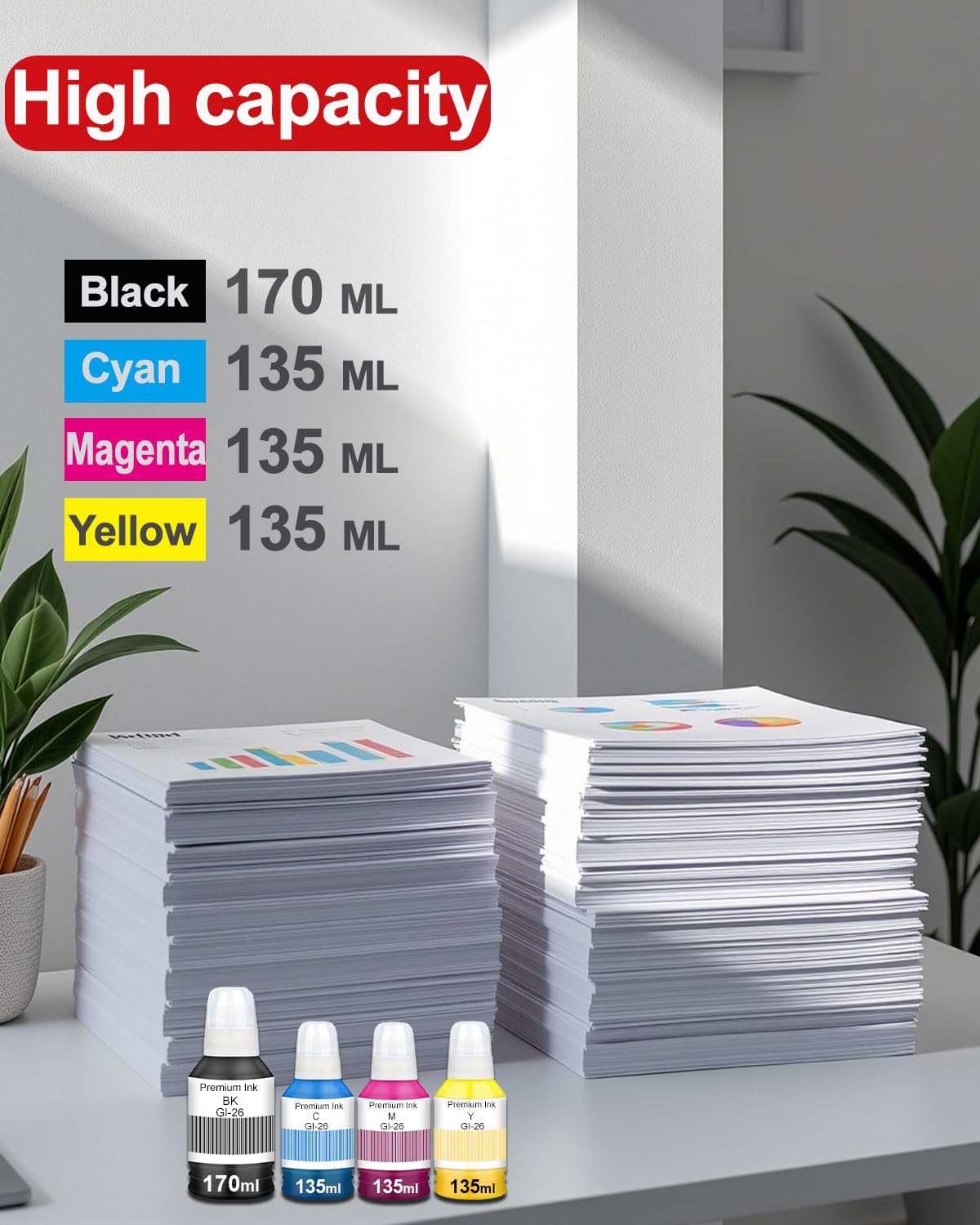 GI-26 Ink Bottles High Capacity GI 26 Ink Refill Bottles Replacement for Canon MAXIFY GX7020 GX5020 GX7021 GX6020 GX6021 GX4020 GX3020 Printer, 4-Pack (Black, Cyan, Magenta, Yellow)