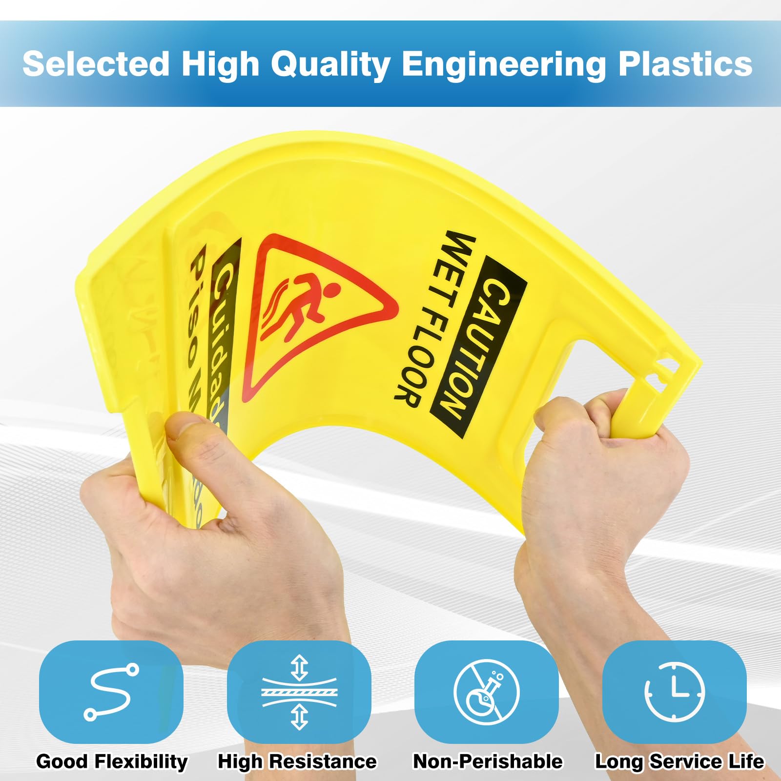 Paquete de 4 letreros de precaución para suelo mojado, 17.5 pulgadas de altura, amarillo brillante, diseño de marco en forma de A de doble cara, mensaje de precaución bilingüe