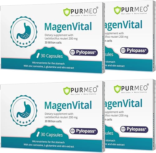 MagenVital Pylopass H. Pylori - Paquete de 4 probióticos de tratamiento - 1 por día - Gastritis, reflujo ácido, acidez estomacal, reparación del