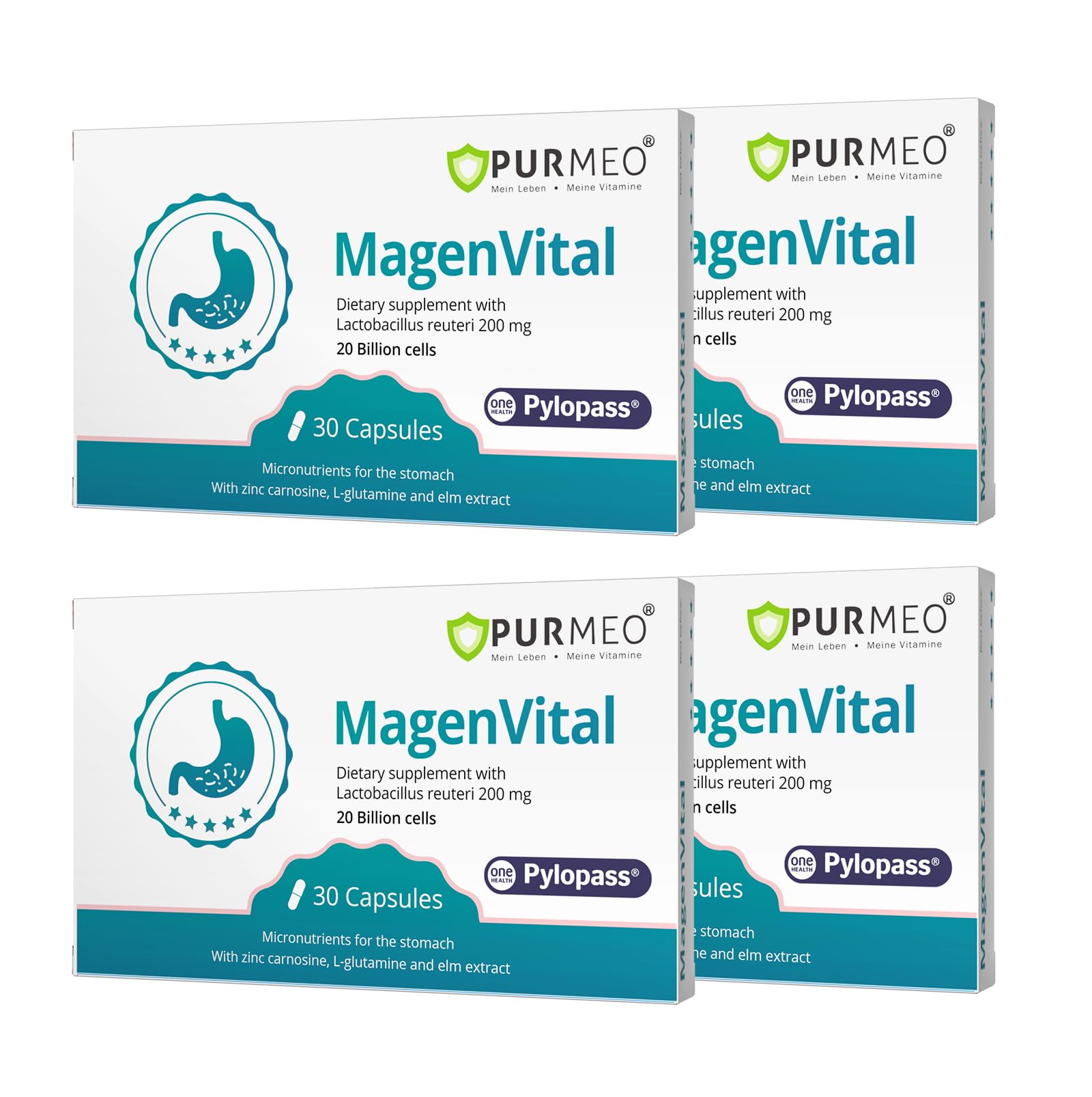 4 Pack MagenVital Pylopass H. Pylori Probiotic Supplement - 1 Per Day - Gastritis, Acid Reflux, Heartburn, Stomach Lining Repair - Lactobacillus Reuteri DSM17648 - Made in Germany