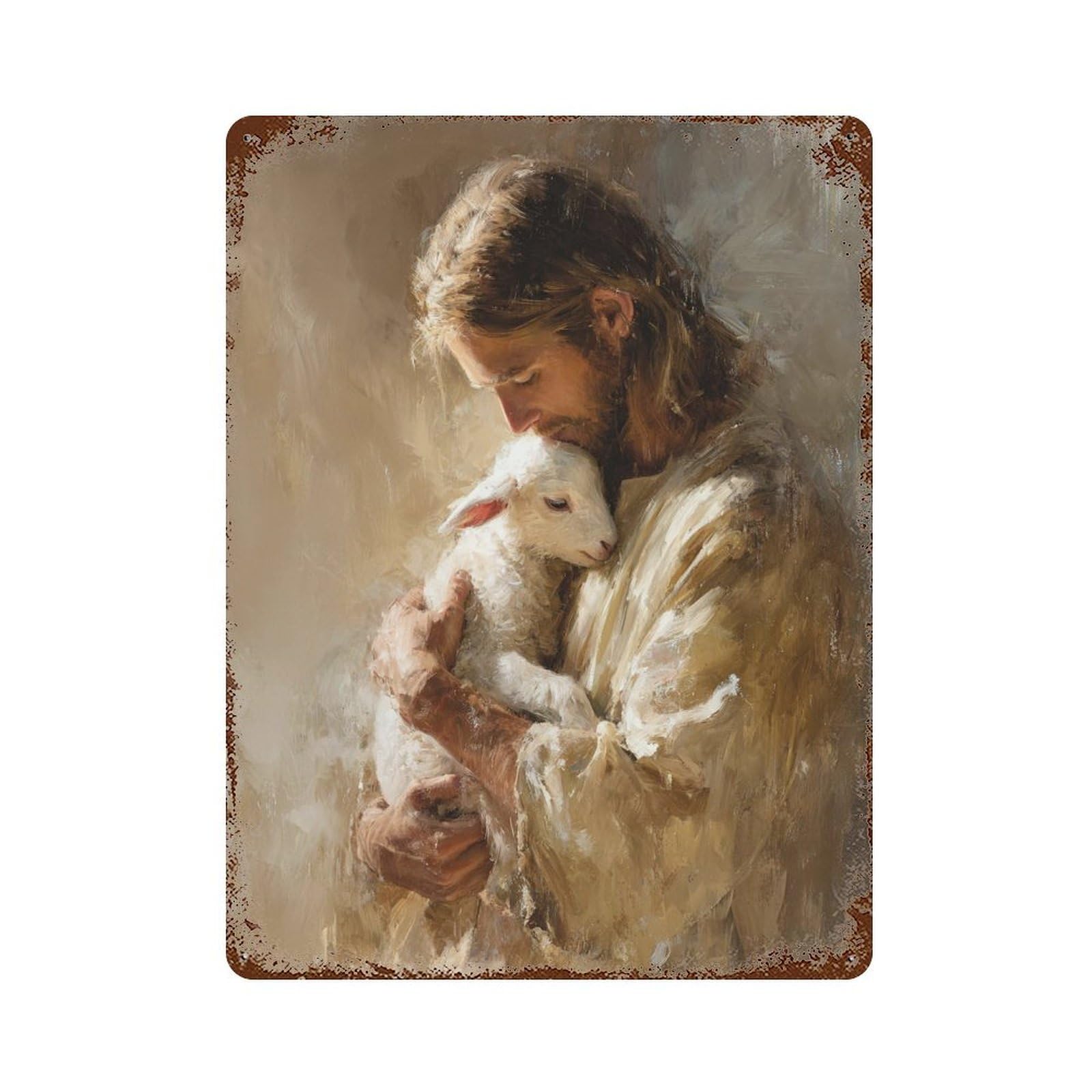 Jesus Holding Lamb Painting-4 Decorative Tin Sign 15.7"x11.8", Vintage Wall Decor for Basement, Hobby Room And Garage Decor