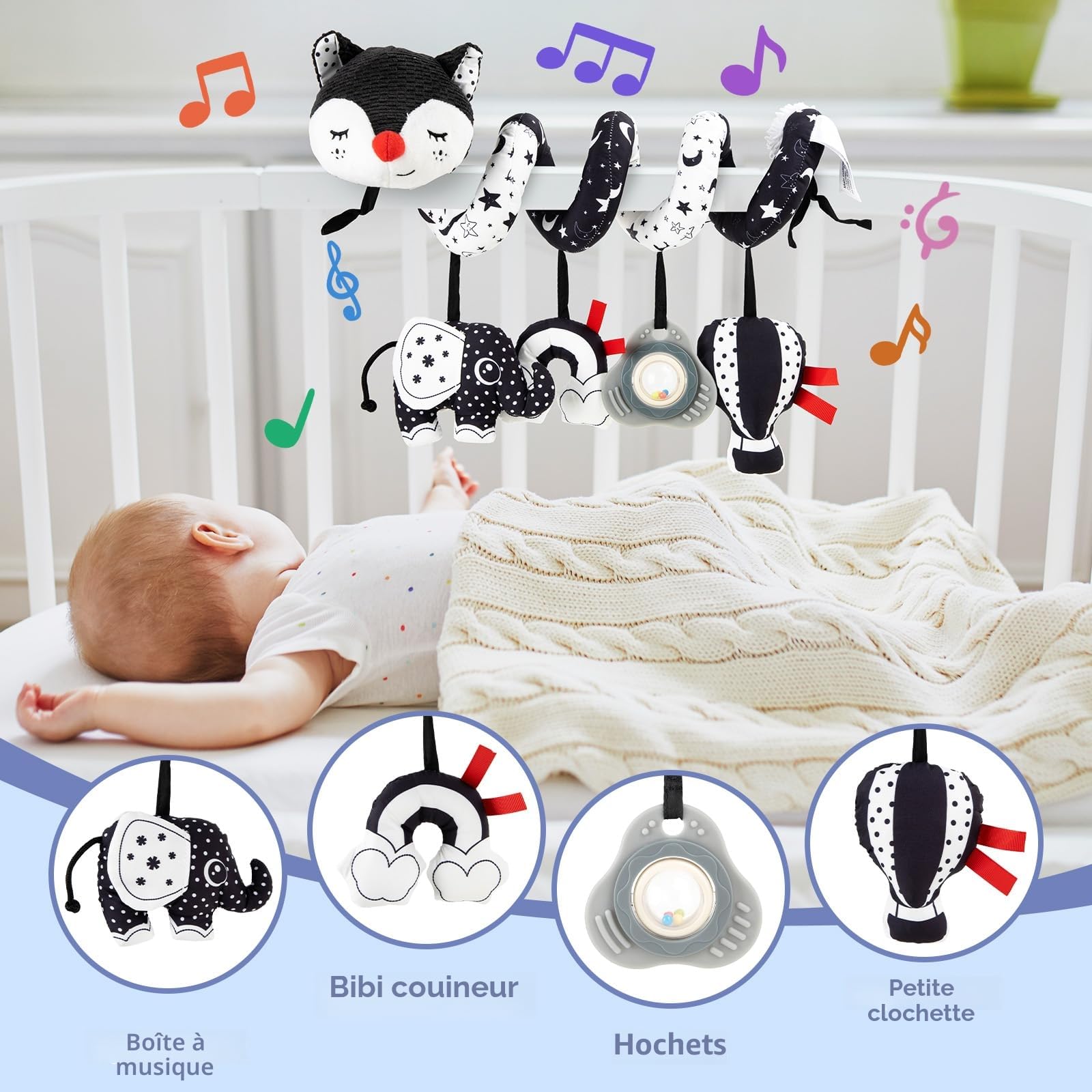 Jouets pour Poussettes, Jouet en Peluche Spirale D'activité Bébé avec Musique, Jouet Eveil Bebe, Jouets Berceau Landau pour Garçons et Filles, Jouet Bebe Naissance Cadeaux 3 6 12 Mois, Noir