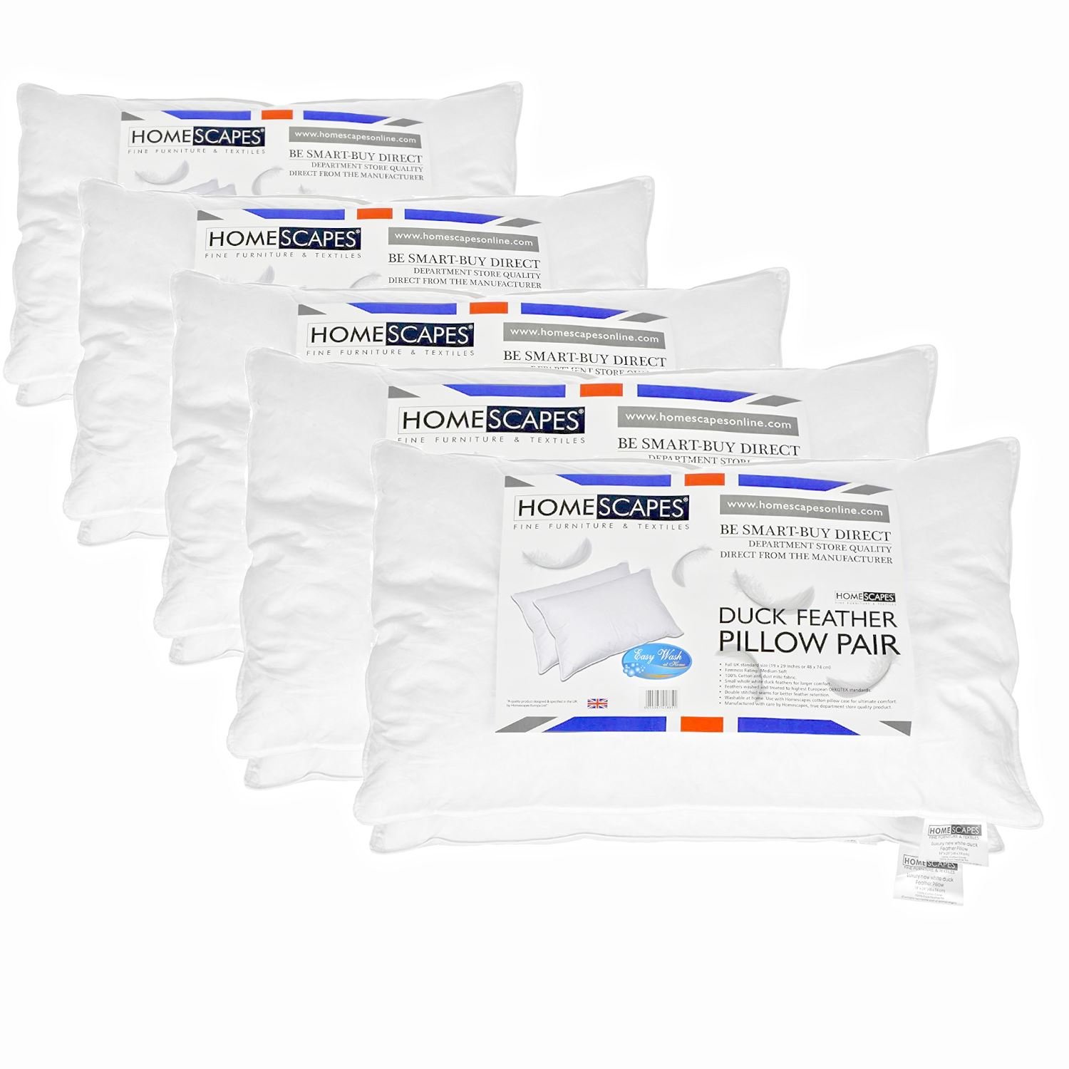 Homescapes White - 10X - Duck Feather Pillow - Department Store Quality - Anti Dust Mite - Machine Washable - Medium / Soft Firmness - 100% Cotton Downproof Cover