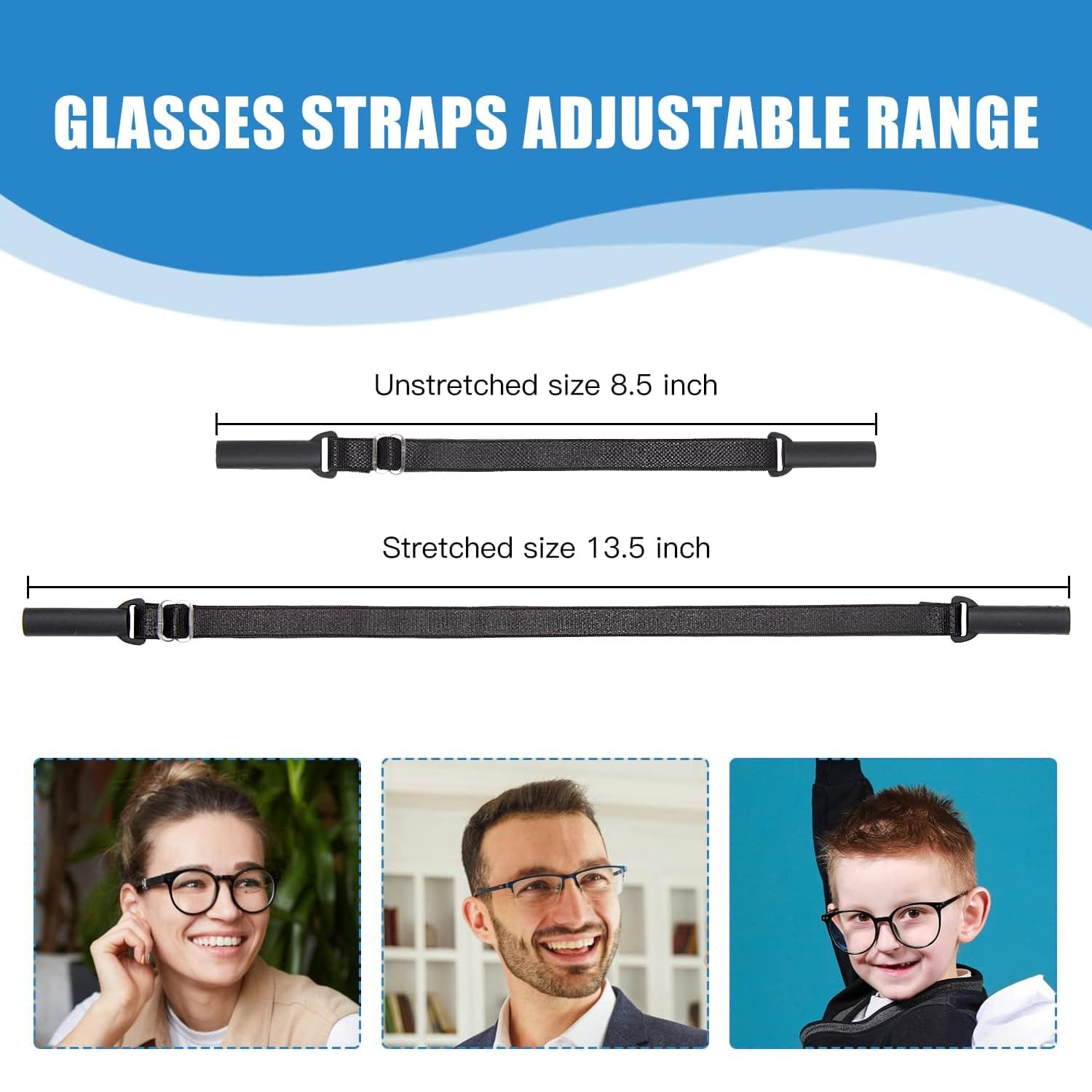 AEC Adjustable Glasses Straps No Tail Holders Around Neck Retainers - Sunglasses Strechable Straps Lanyard for Men Women & Kids (10IN, Black, Pack Of 1)