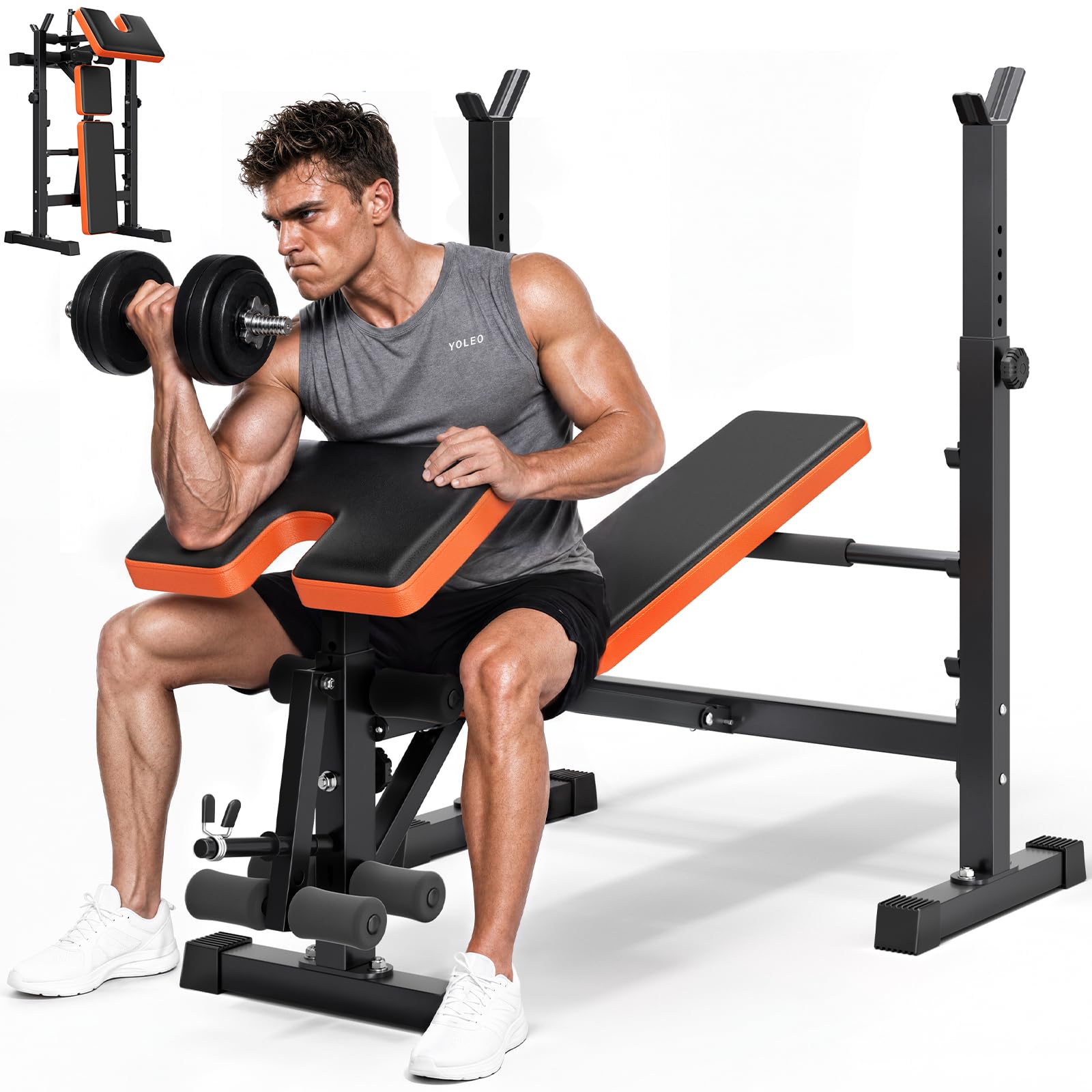 6-in-1 Weight Bench Set, 880LBS Adjustable Bench with Rack & Curl Pad | FID Adjust 41" Bench, Preacher Curl, Fits 5-6 ft Olympic Bar, Foldable Storage, Reinforced Steel Frame for Full-body Training