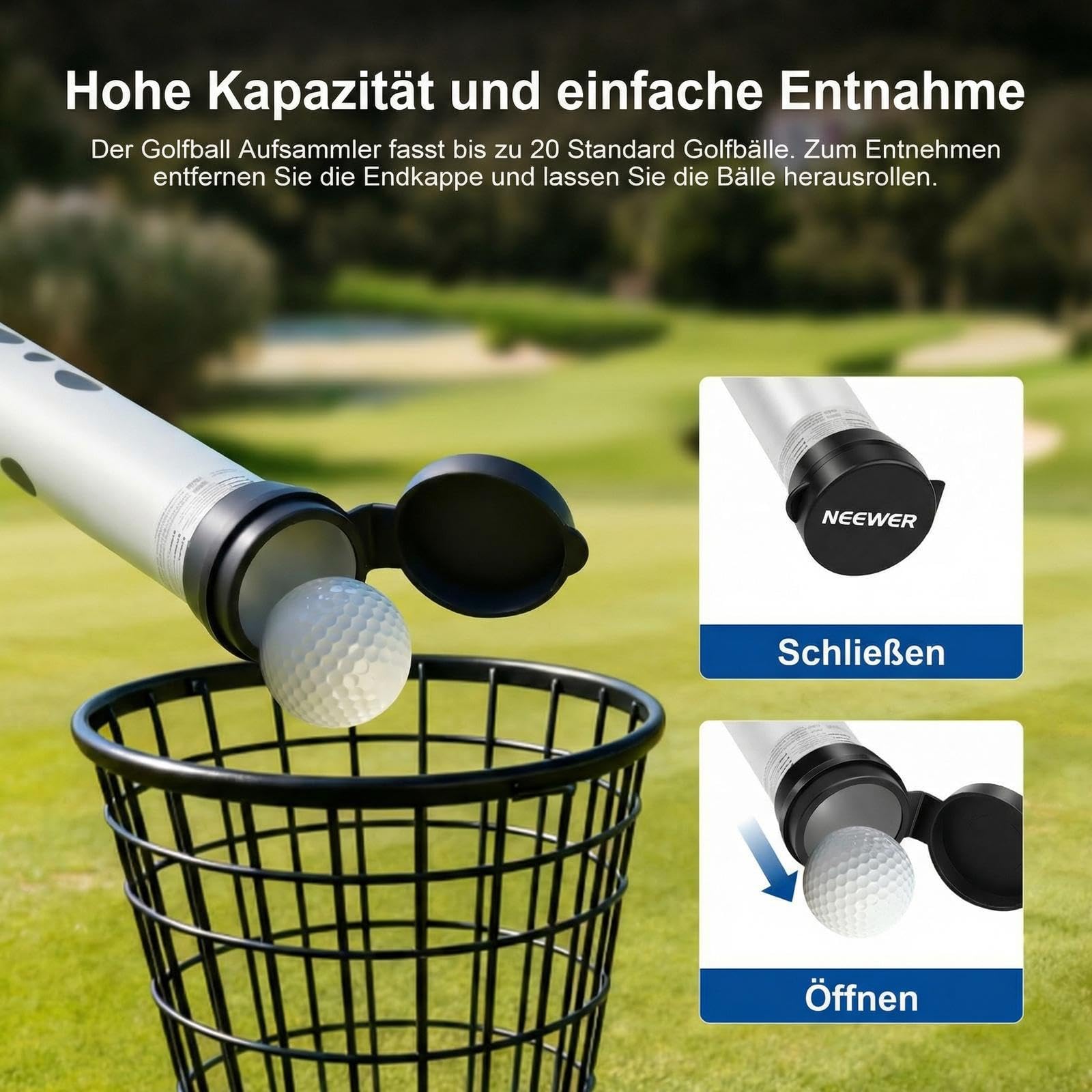 NEEWER Ball Auffangbehälter für Tennisbälle und Picklebälle, Abnehmbarer, mit Stopper und Schultergurt, Aufheben ohne Bücken