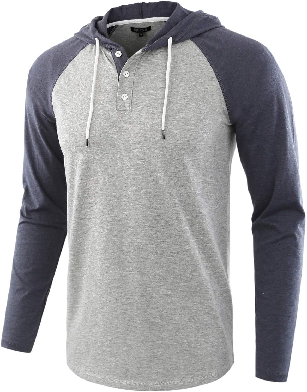 HETHCODE Men's Casual Lightweight Long Sleeve Raglan Active Sports Henley Jersey Hoodie Shirts