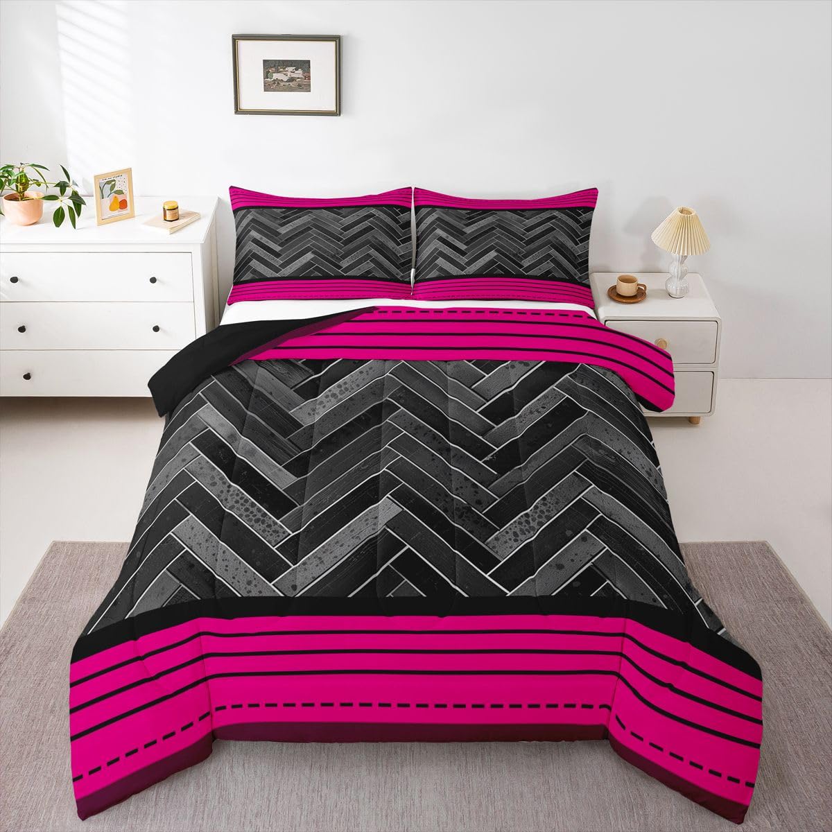 Castle Fairy Pink Stripes Bedding Sets Full Size,Gray Black Rectangle Patchwork Reversible Down Comforter Breathable Polyester Quilt Set,Vintage Lines Geometric Duvet Insert,2 Pillowcases