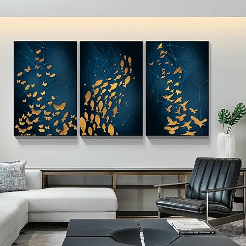 Miniatura 2 de Looife Lienzo abstracto para pared, 3 piezas, 24 x 32 pulgadas, pájaros amarillos sobre azul, cuadro motivacional, decoración de pared, listo para