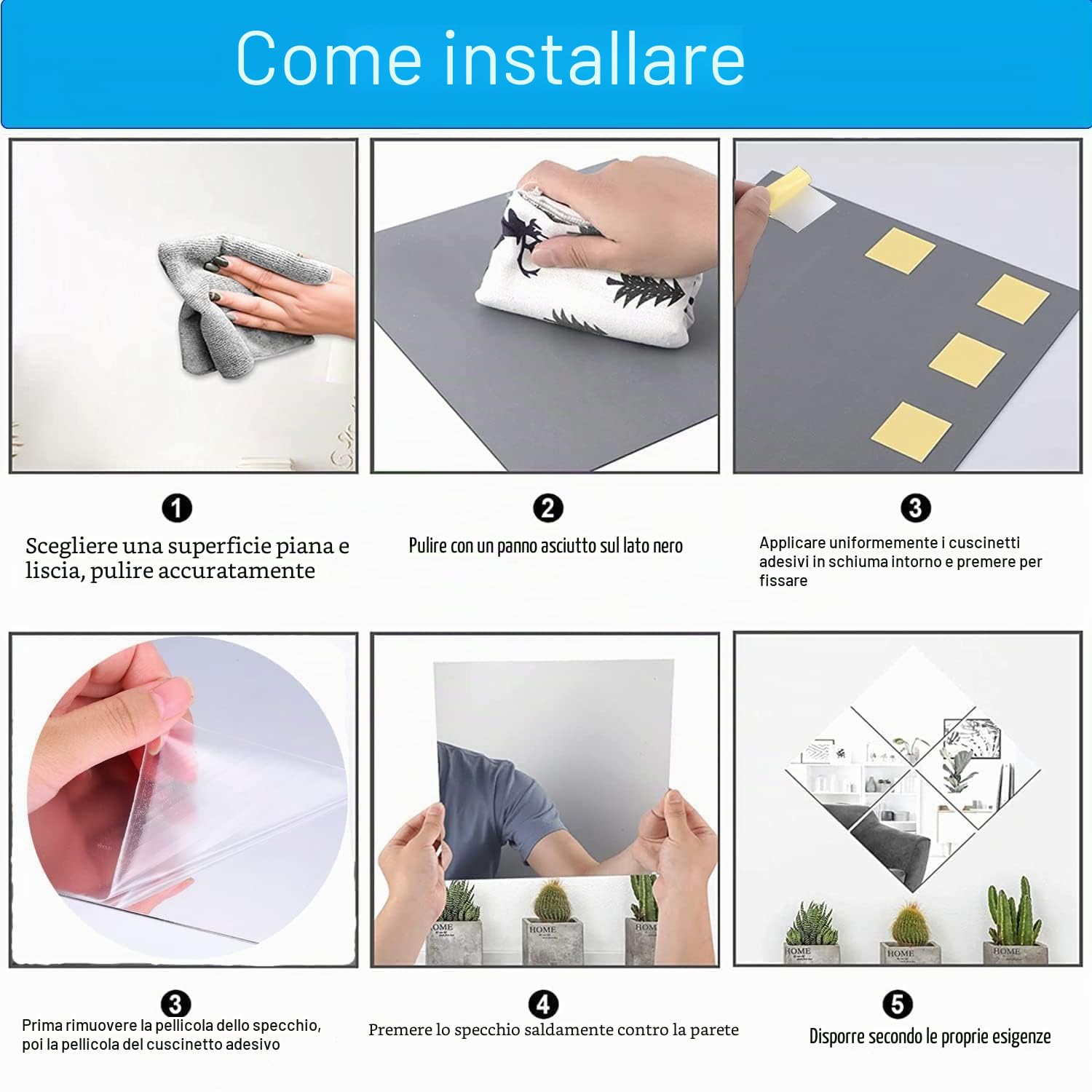 TSKDKIT 4 Pezzi Specchio Adesivo da Parete 29 X 21cm Non in Vetro per Armadio, Muro - Acrilico Adesivo per Decorazioni Murali Casa