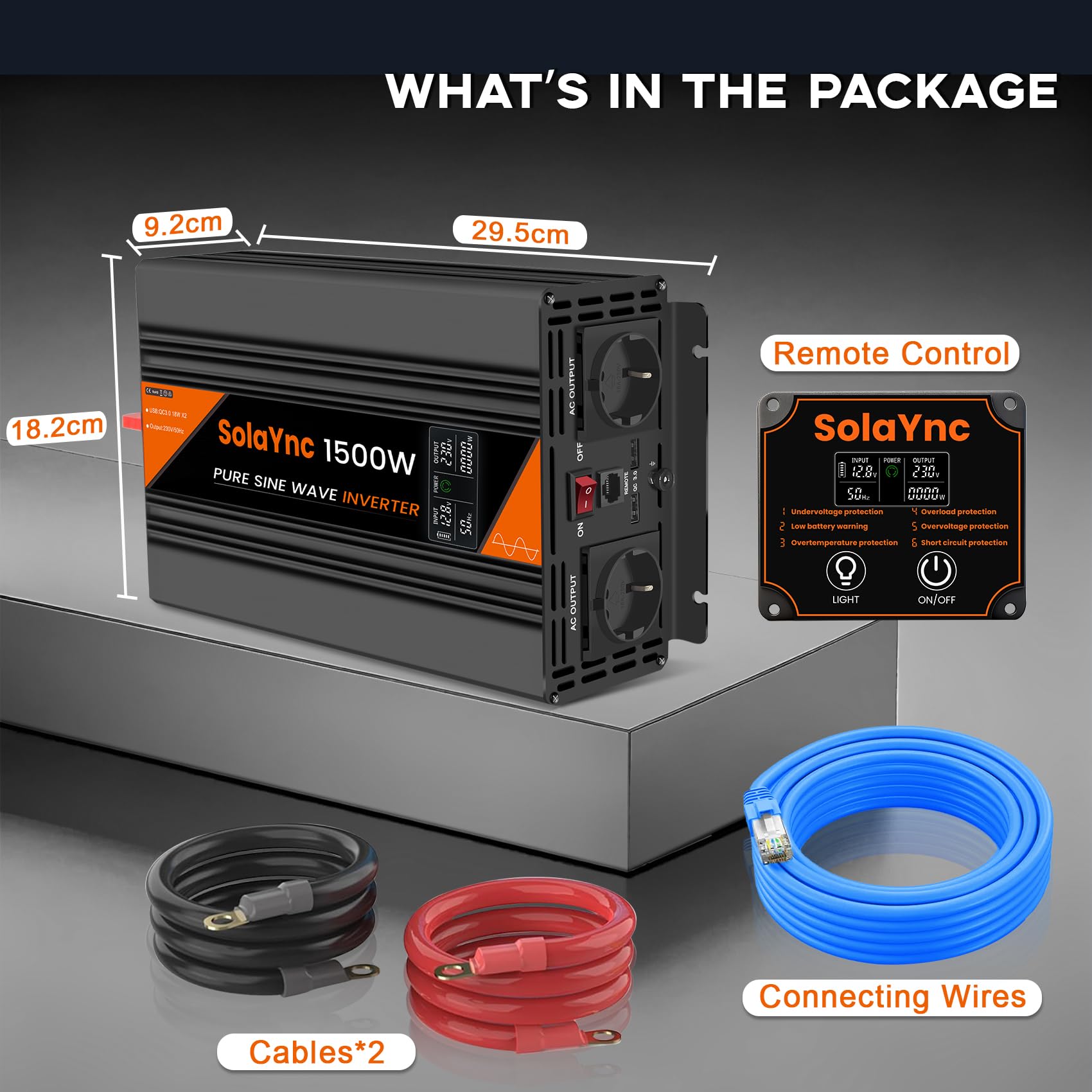 1500W Convertisseur 12V 230V Pur Sinus onduleur sinusoïdale avec écran LCD, télécommande, Prises UE, Port USB, adapté aux Camping-Cars, caravanes et installations solaires
