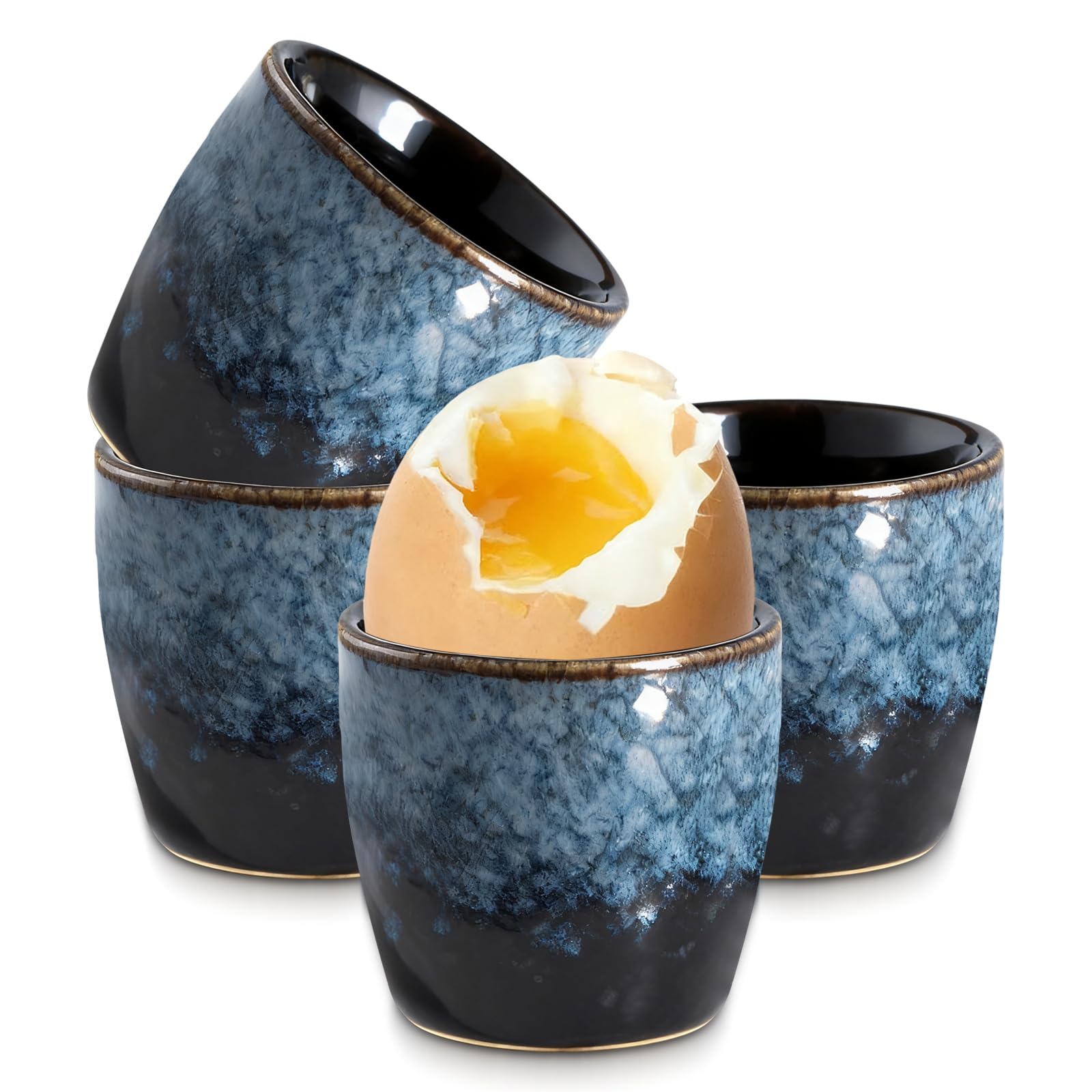 Tianher Egg Cups, Set Of 4 Ceramic Egg Cup Ceramic With Glossy Surface Vintage Blue Design For Any Breakfast Table Hard Soft Boiled Eggs