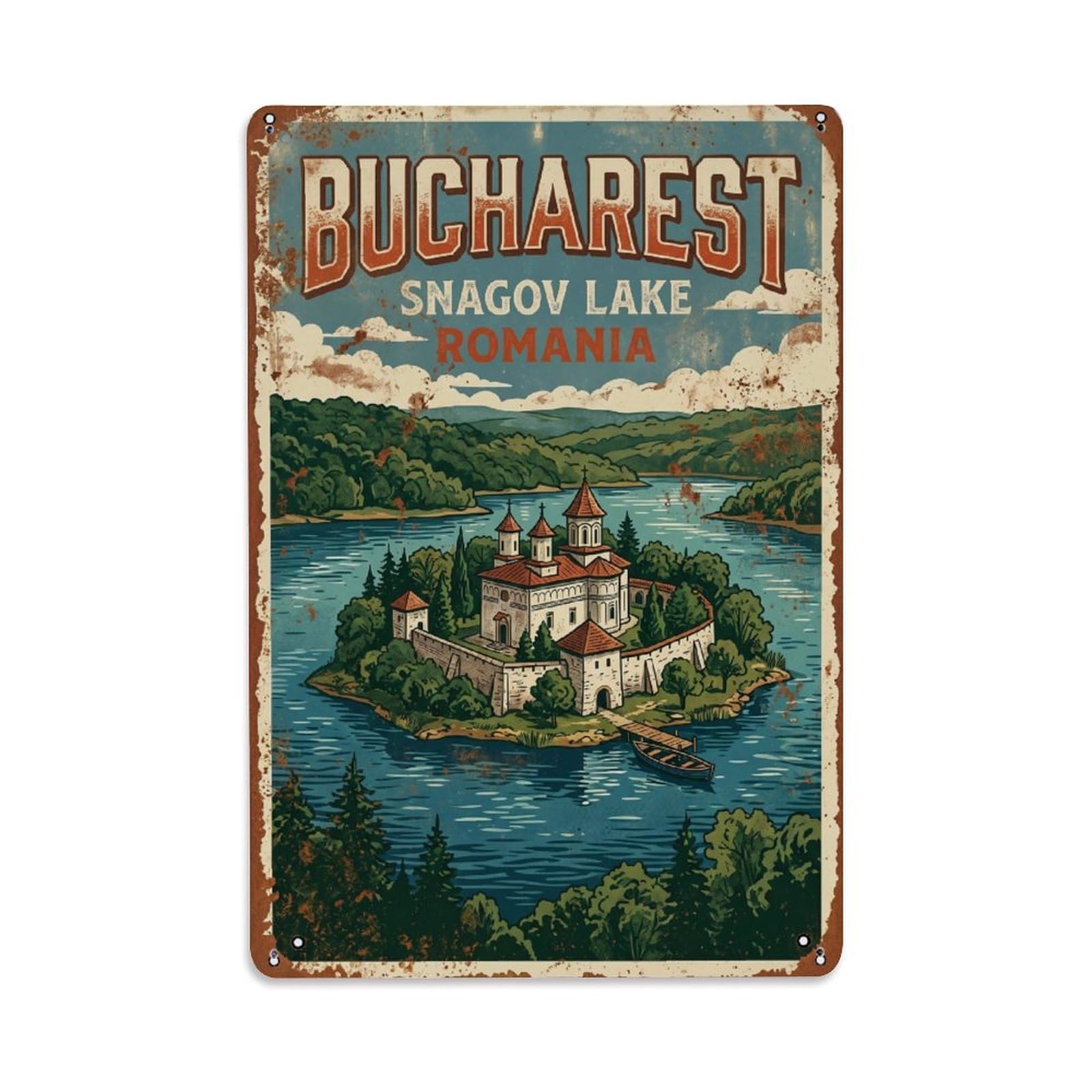 Vintage Travel Bucharest Snagov Lake Monastery Romania Metal Tin Sign Plaque Wall Decor for Cafe, Club Bar, Office, Home Garden Metal Poster 8x12Inch
