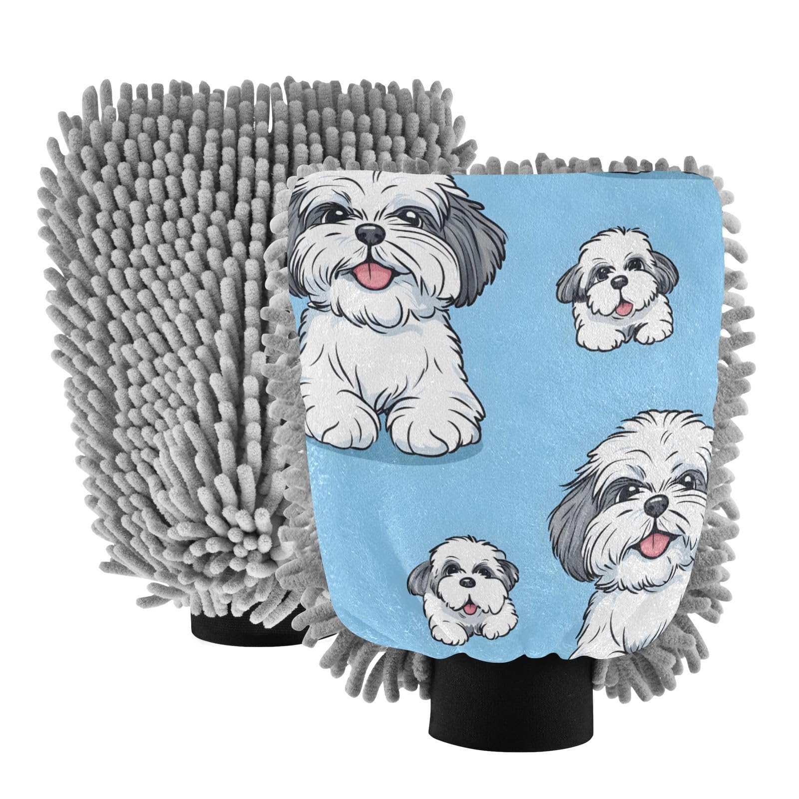 STAYTOP Cute Cartoon Shih Tzu Dog Car Wash Mitt Microfiber, 2Pcs Scratch Free Lint-Free, Premium Chenille Microfiber Mitt Car Wash Brush-M