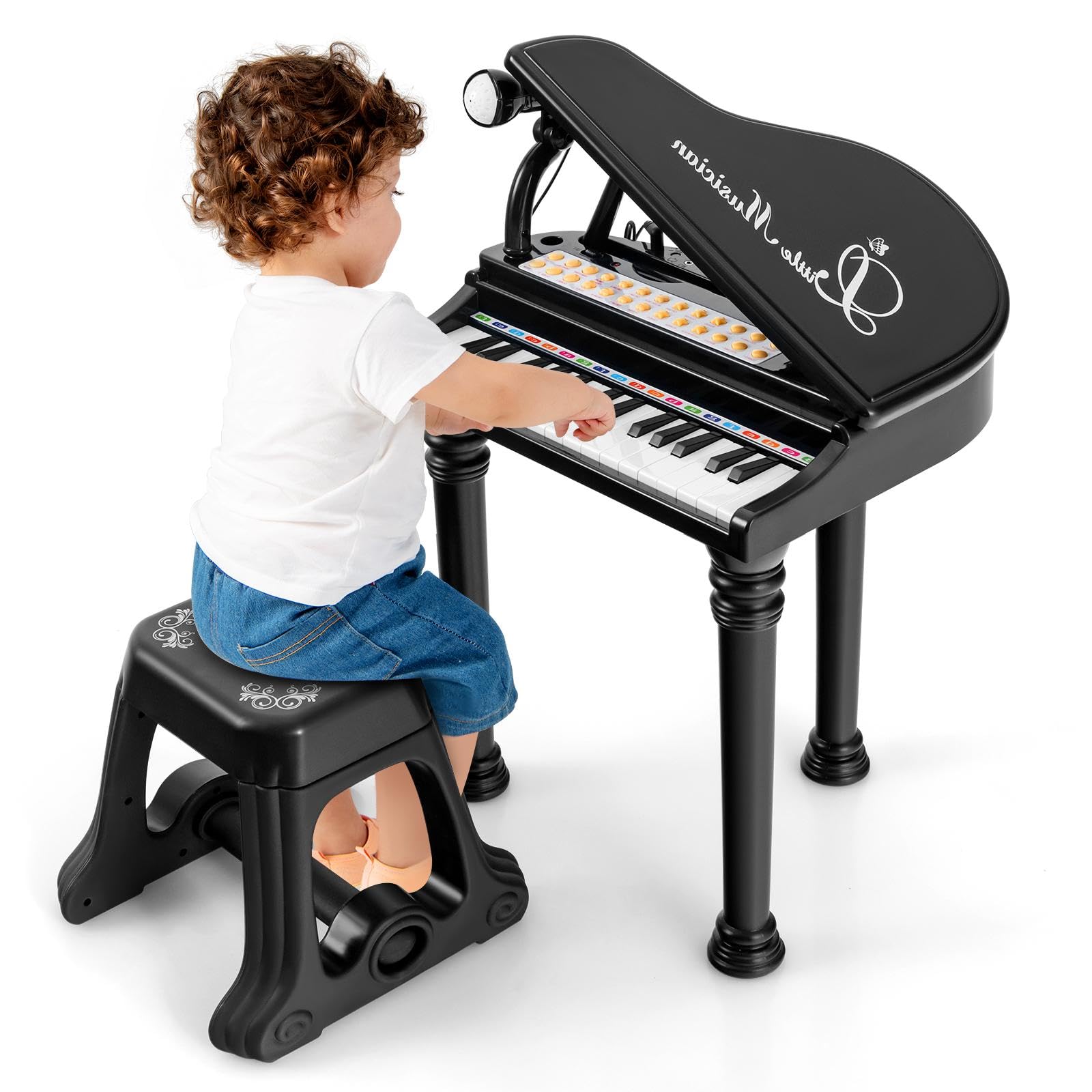 31 Keys Kids Piano and Stool Set, Kids Electronic Keyboard with Microphone, LED Teaching Mode and Record Playback, Toddlers Musical Instrument for Boys Girls 3+ Years Old (Dark)