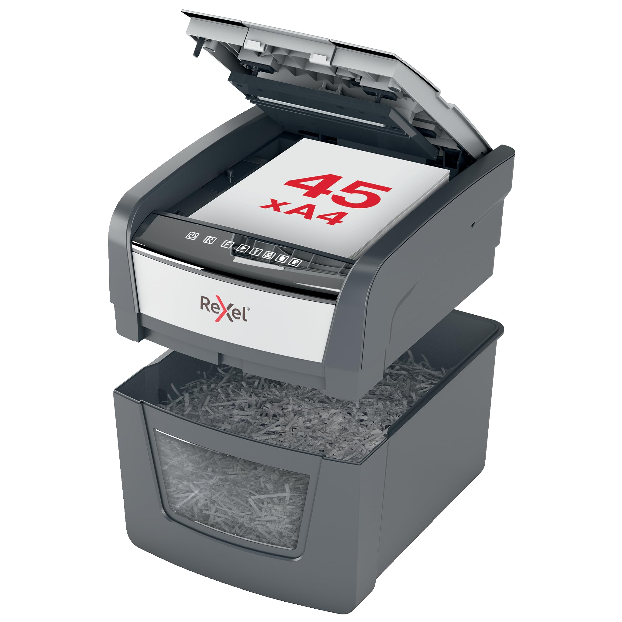 REXEL Optimum Auto Feed+ 45X, Distruggidocumenti Automatico, 45-50 Fogli (80-70 gr/mq), Taglio a Frammento, Livello di Sicurezza P-4, per la Casa e per l’Ufficio, Capacità 20 Litri, 2020045XEU