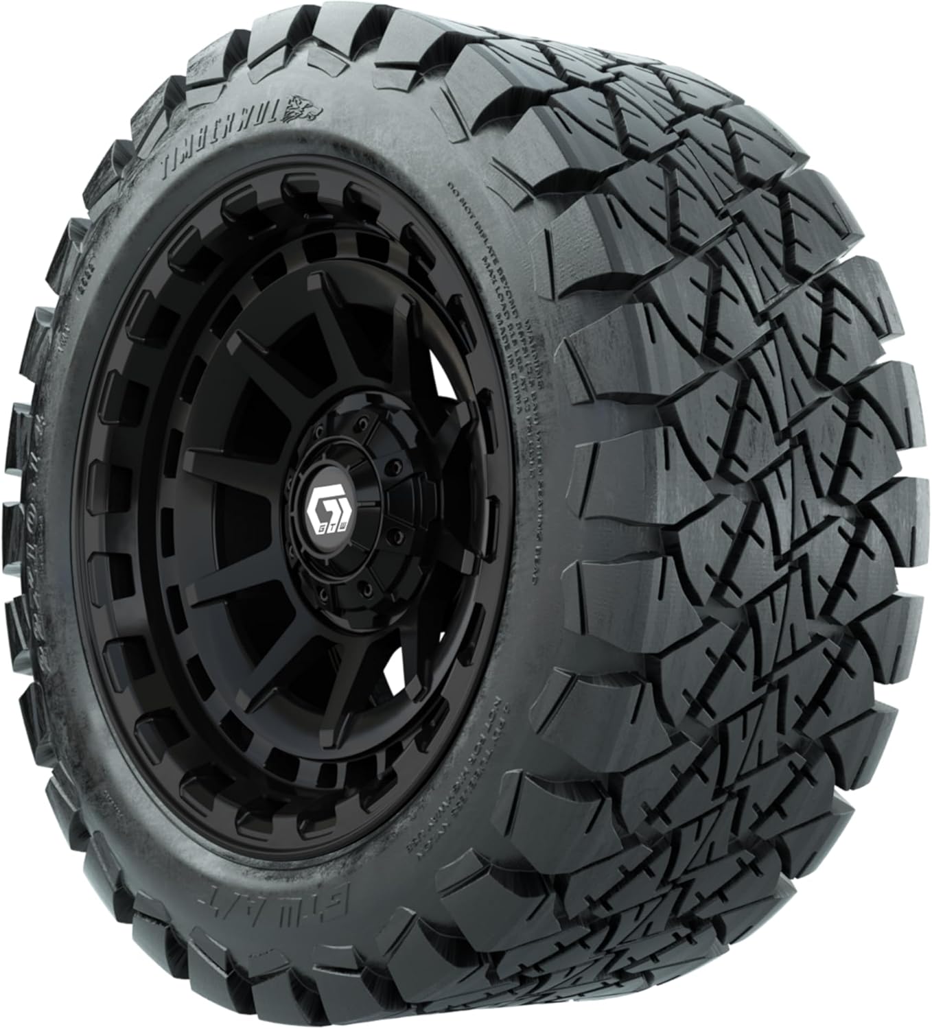 GTW 14 Inch Golf Cart Wheels and Tires Combo | GTW Barricade Gloss Black Wheels on 22x10-14 (22") Timberwolf All Terrain Tires | Set of 4